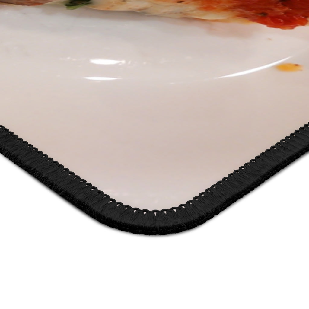 Pizza on Plate Gaming Mouse Pad featuring vibrant pizza design and stitched edges, perfect for gaming and work.