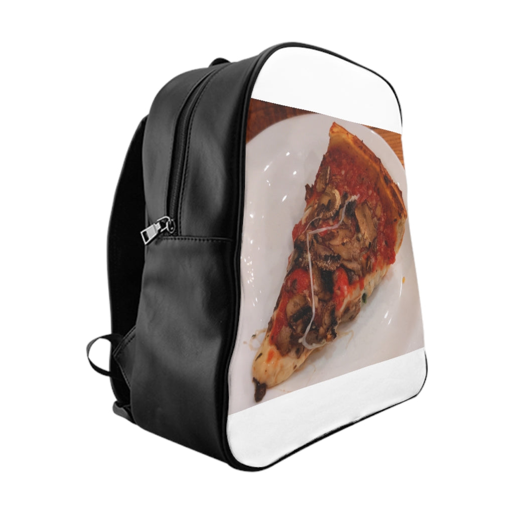 Pizza on Plate School Backpack featuring a vibrant pizza print design, padded back, and spacious inside pockets.