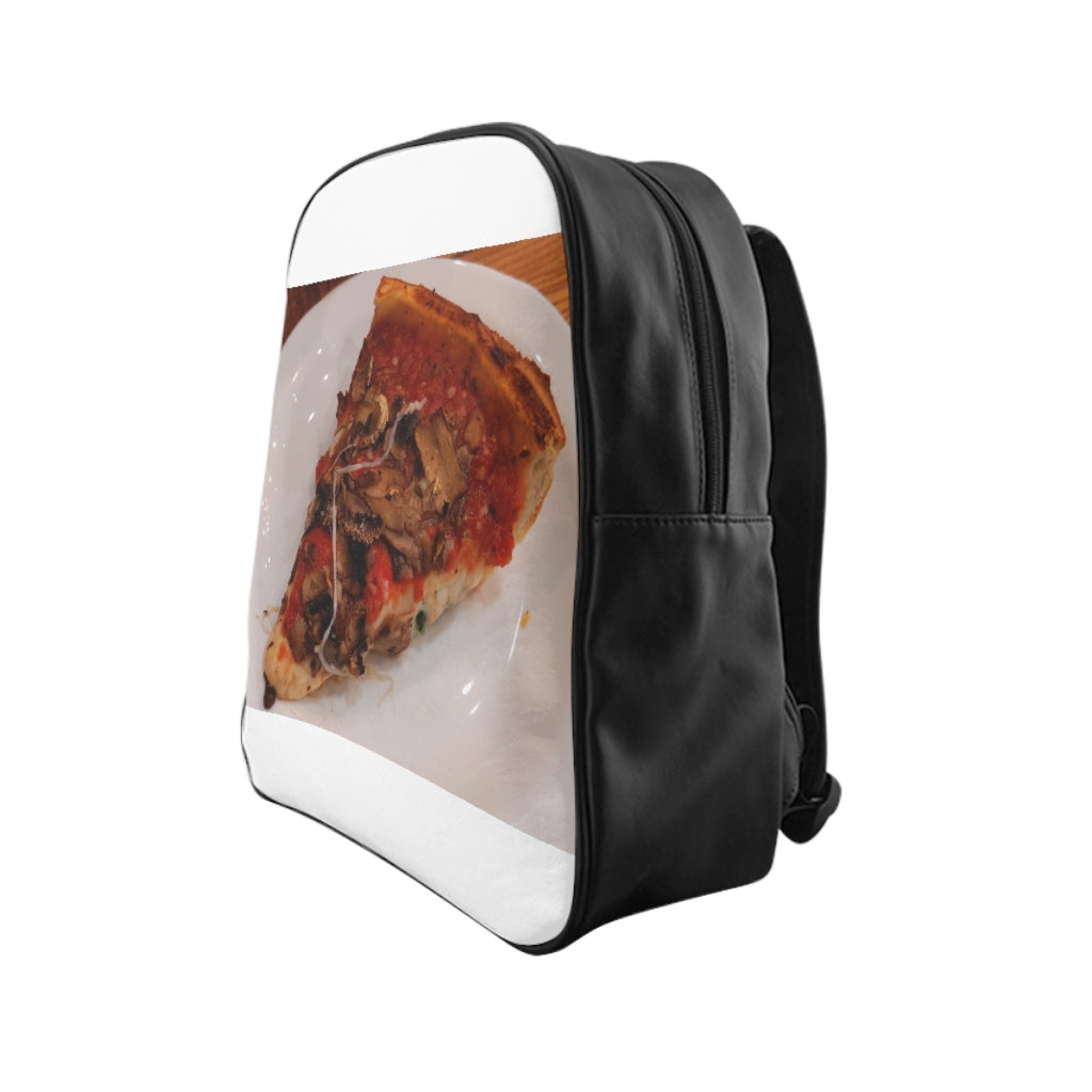 Pizza on Plate School Backpack featuring a vibrant pizza print design, padded back, and spacious inside pockets.