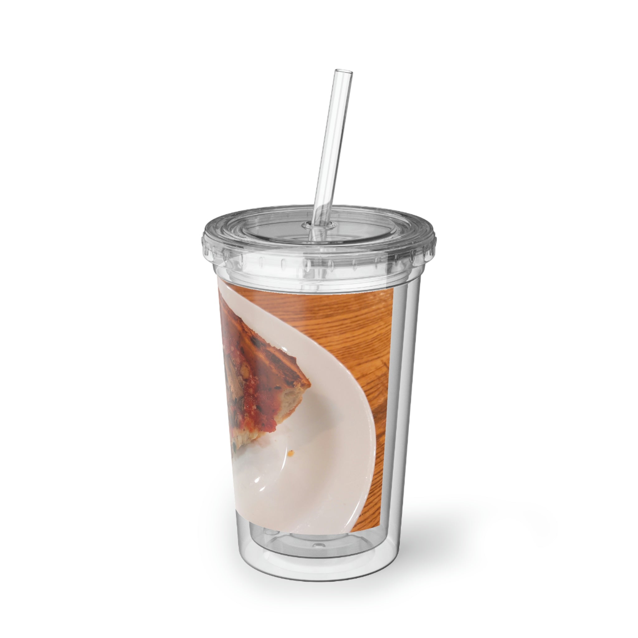 Pizza on Plate Suave Acrylic Cup with a sleek stainless steel design and a black screw-on cap, featuring a plastic straw.