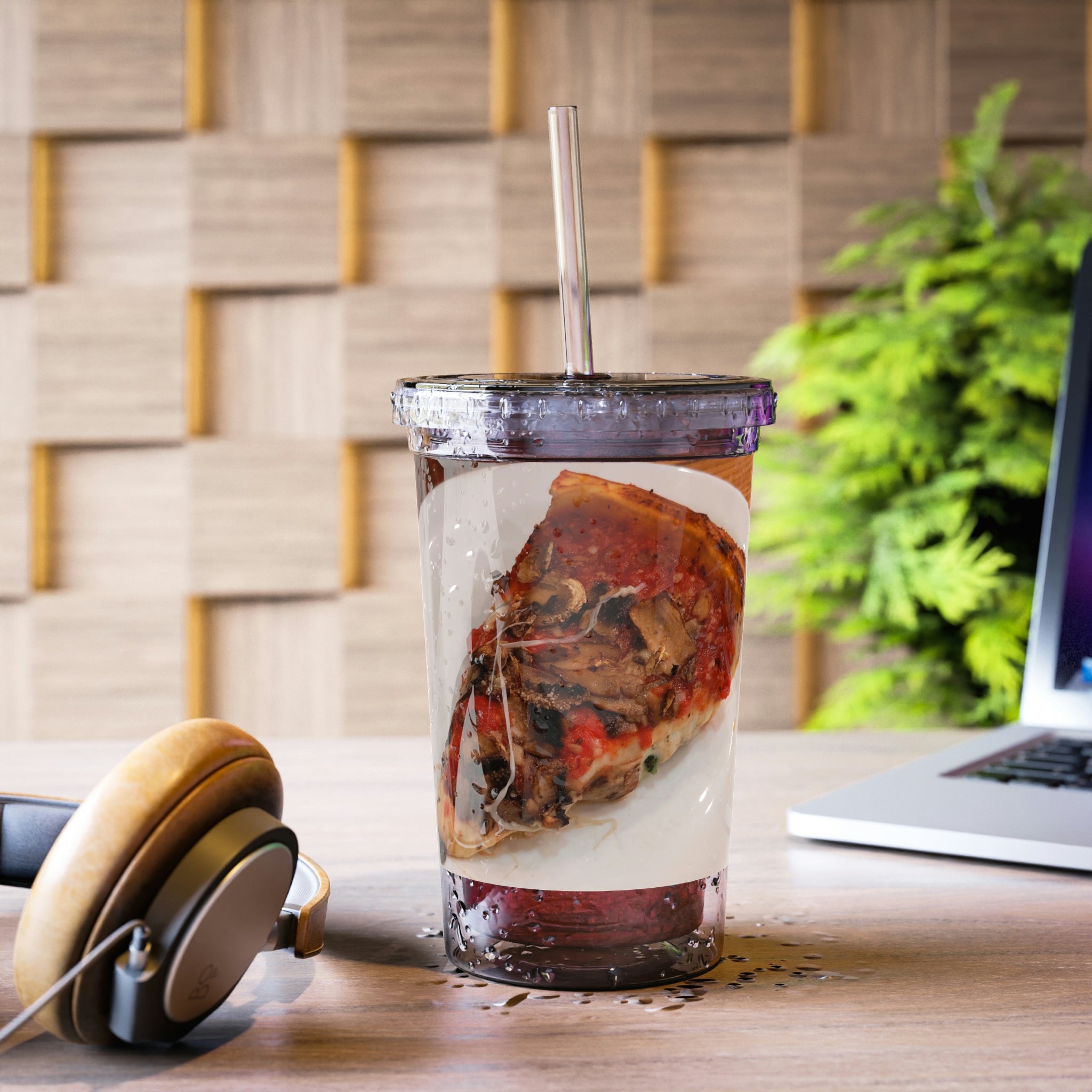 Pizza on Plate Suave Acrylic Cup with a sleek stainless steel design and a black screw-on cap, featuring a plastic straw.