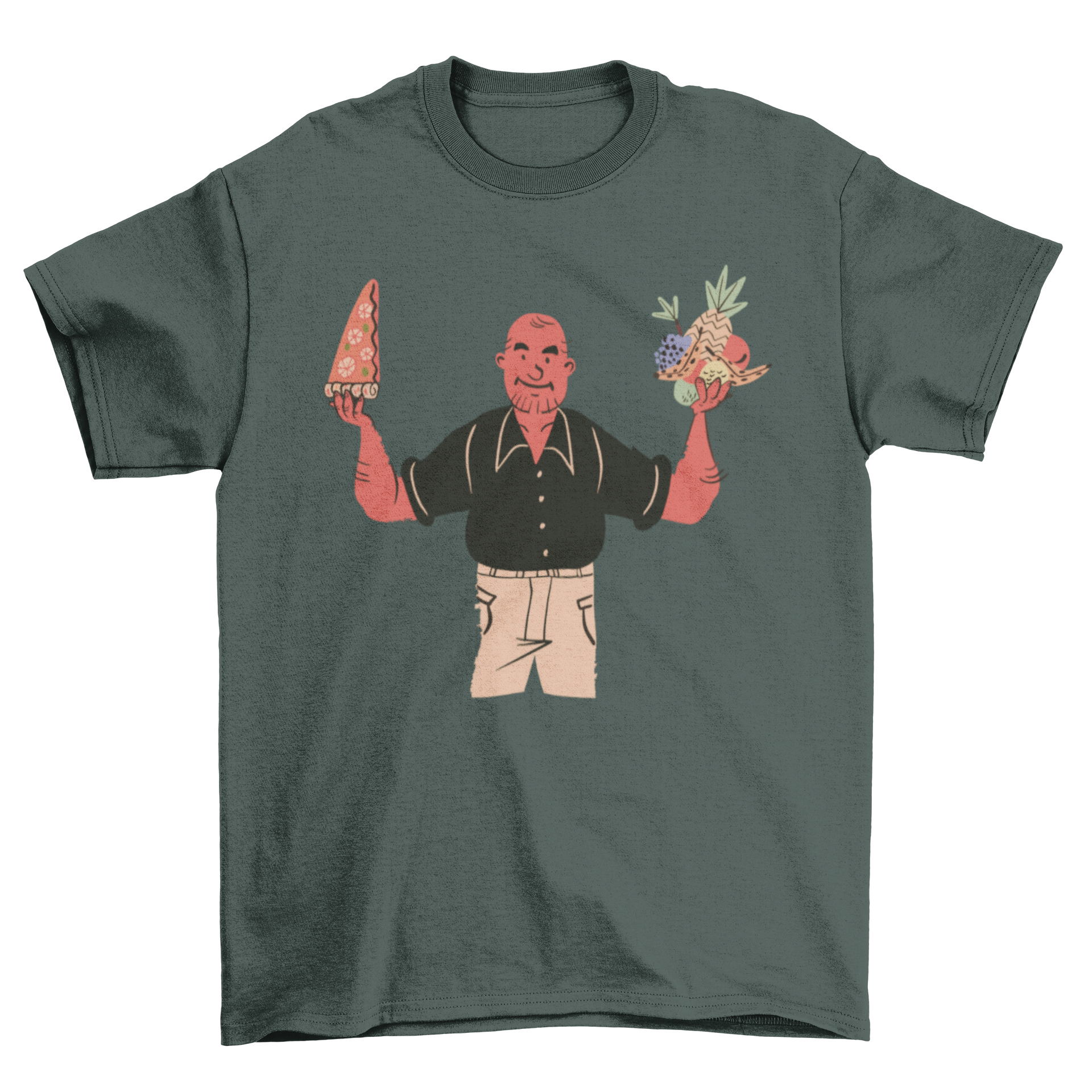 A stylish t-shirt featuring a man holding a slice of pizza in one hand and fruit in the other, showcasing a fun and playful design.