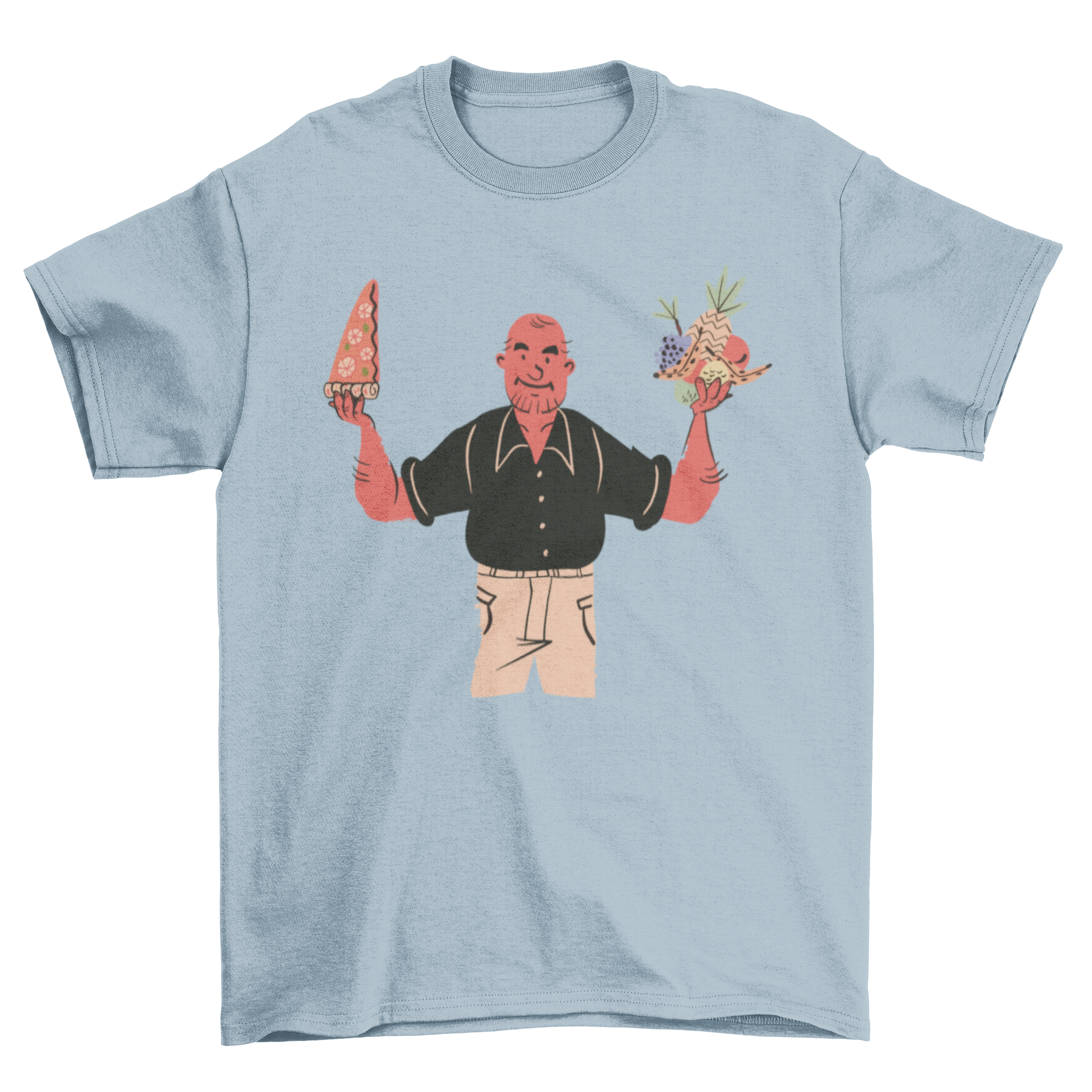 A stylish t-shirt featuring a man holding a slice of pizza in one hand and fruit in the other, showcasing a fun and playful design.