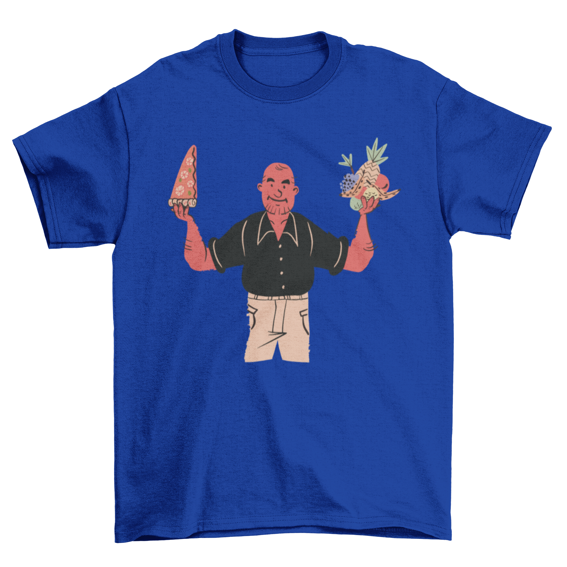 A stylish t-shirt featuring a man holding a slice of pizza in one hand and fruit in the other, showcasing a fun and playful design.