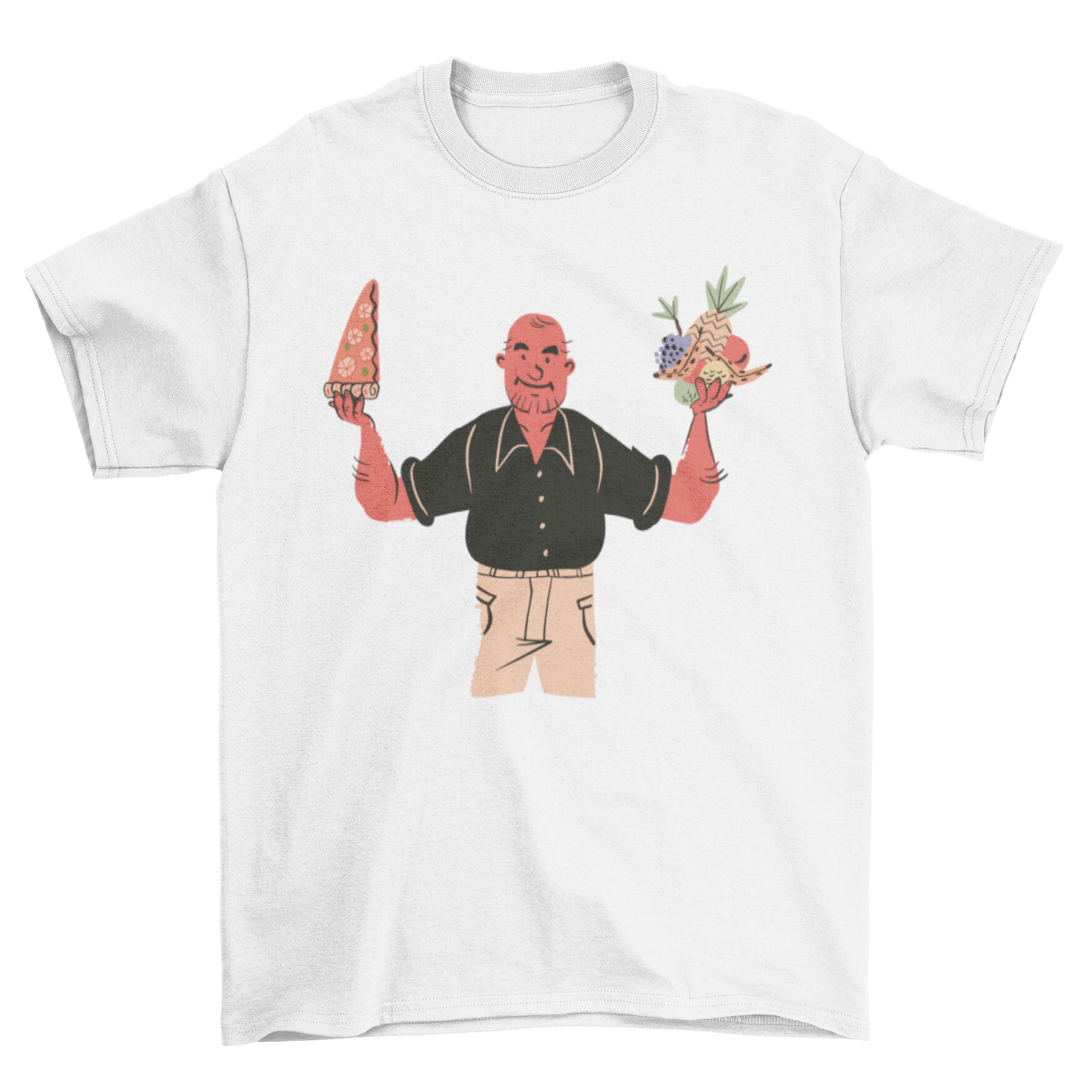 A stylish t-shirt featuring a man holding a slice of pizza in one hand and fruit in the other, showcasing a fun and playful design.