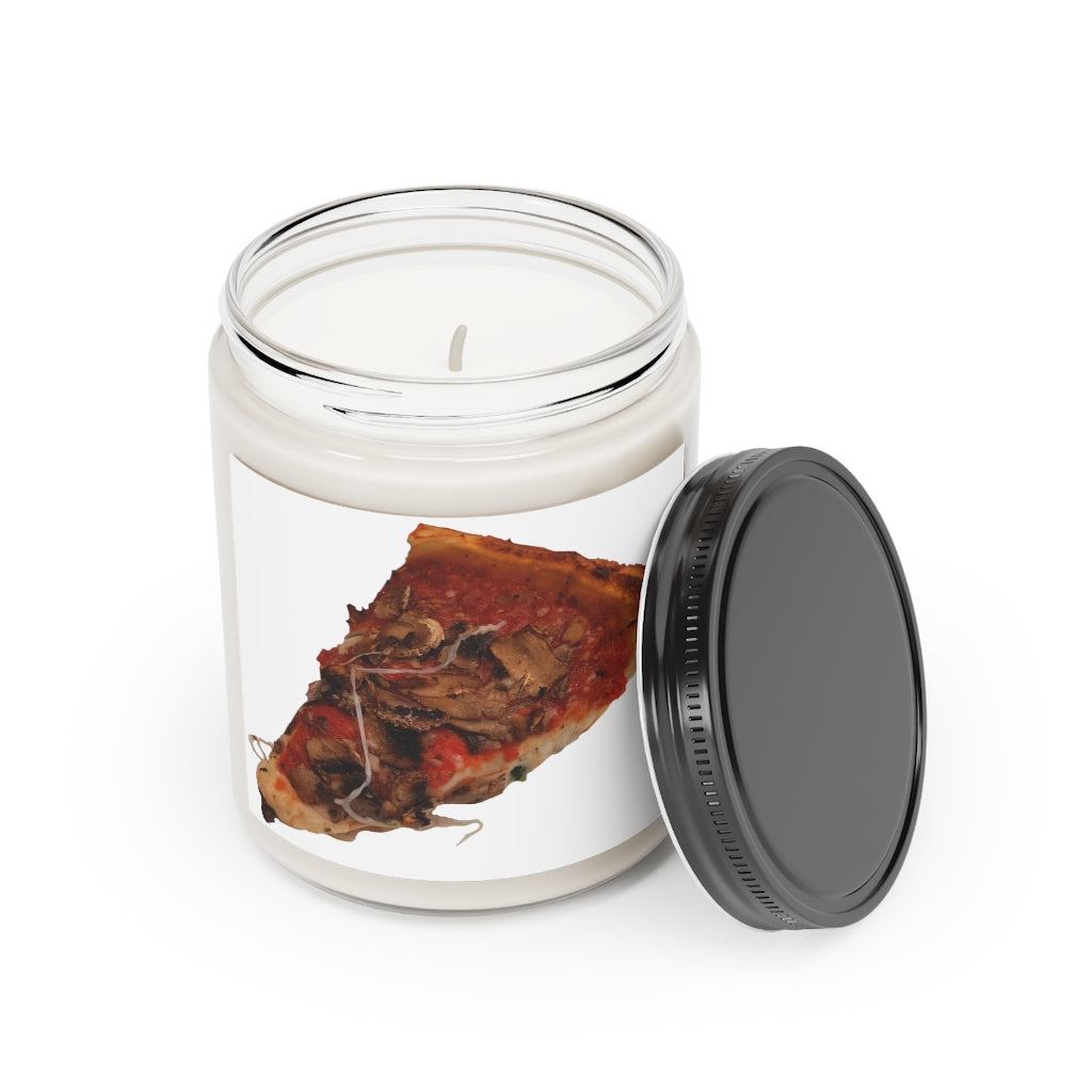 A 9oz Pizza Scented Candle in a glass container, showcasing its vibrant label and inviting aroma.