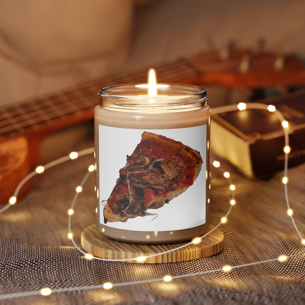 A 9oz Pizza Scented Candle in a glass container, showcasing its vibrant label and inviting aroma.