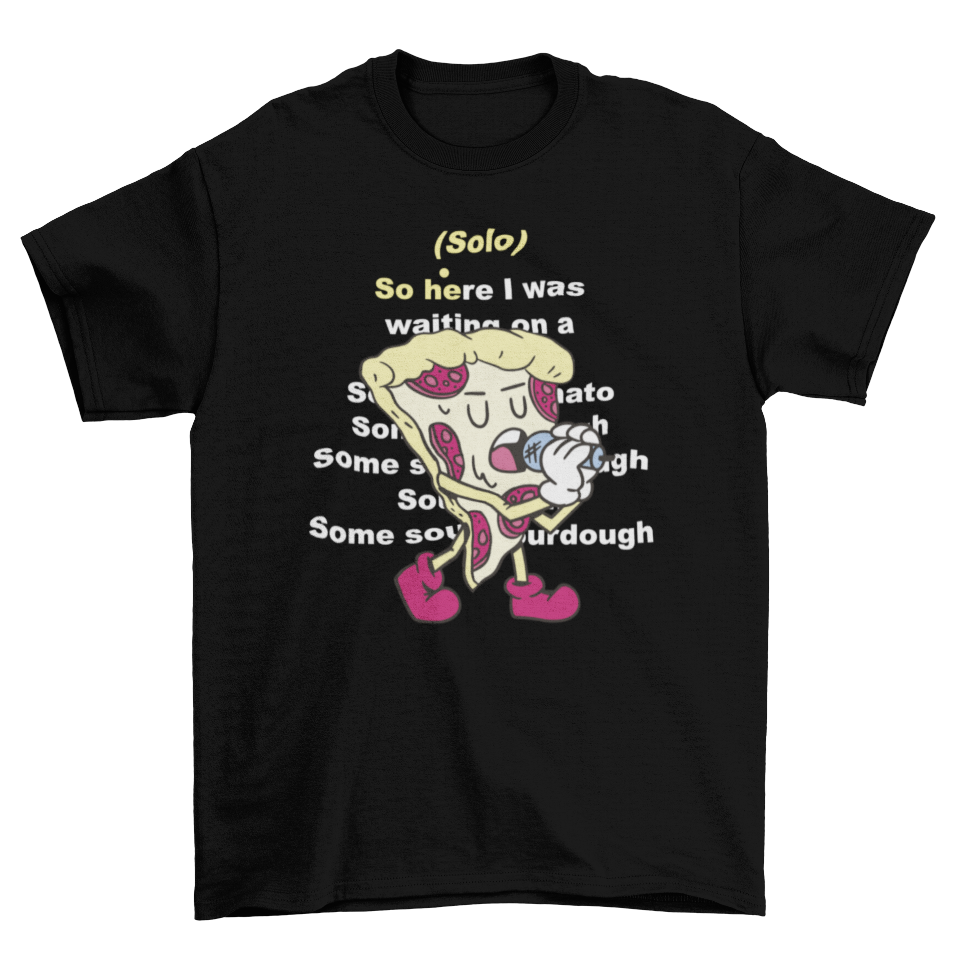 A colorful cartoon t-shirt featuring a singing pizza with a microphone, showcasing a fun and humorous design.