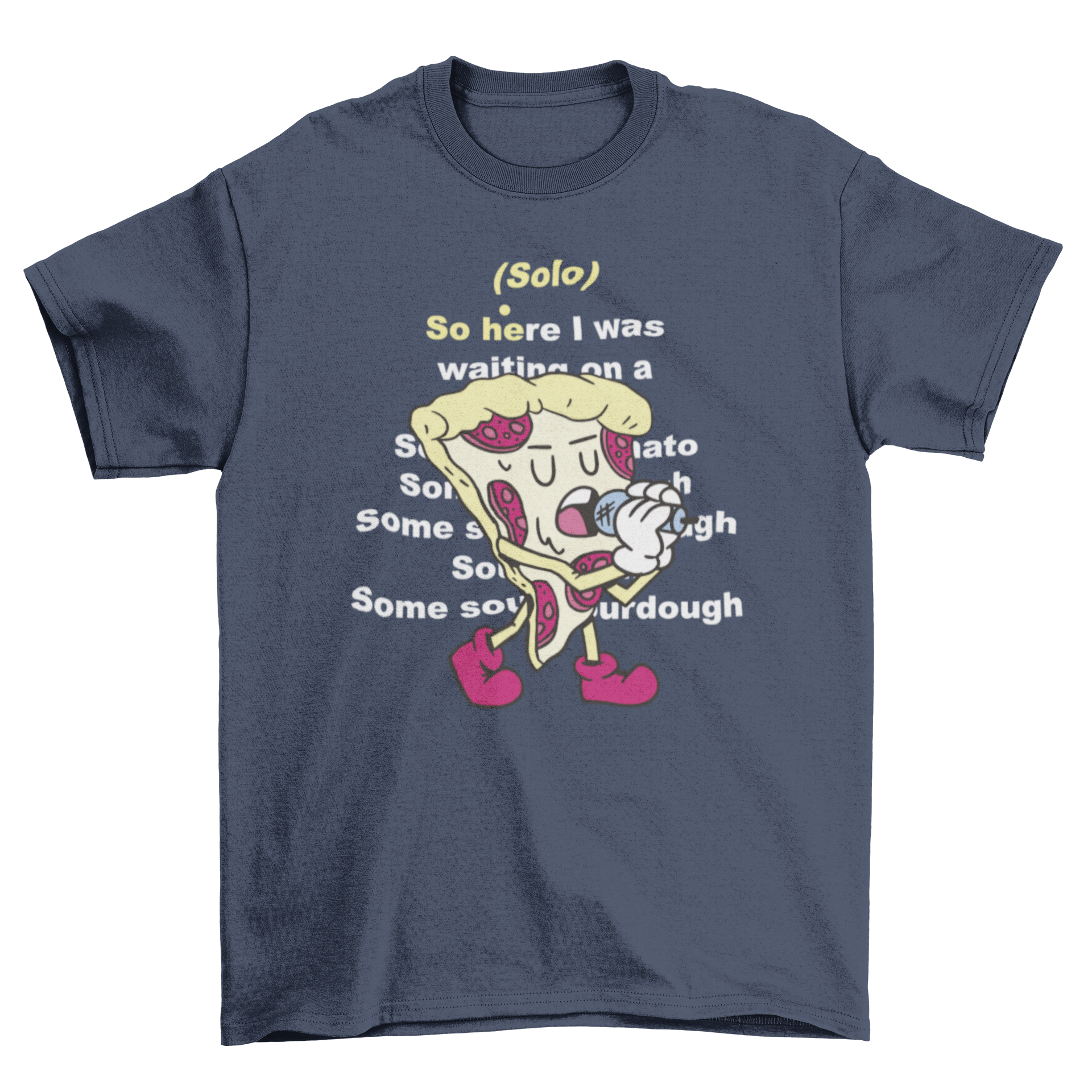 A colorful cartoon t-shirt featuring a singing pizza with a microphone, showcasing a fun and humorous design.