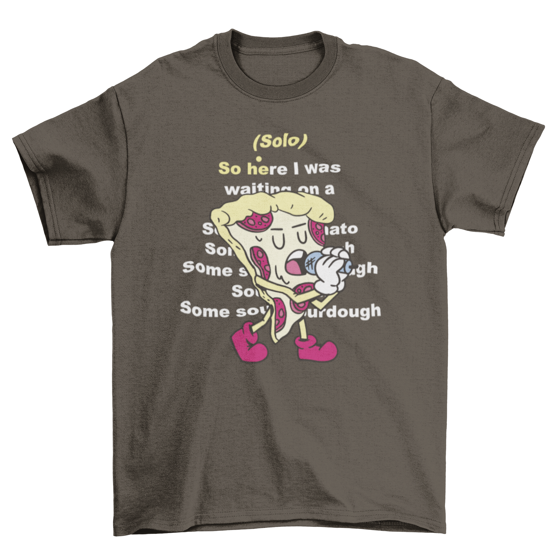 A colorful cartoon t-shirt featuring a singing pizza with a microphone, showcasing a fun and humorous design.