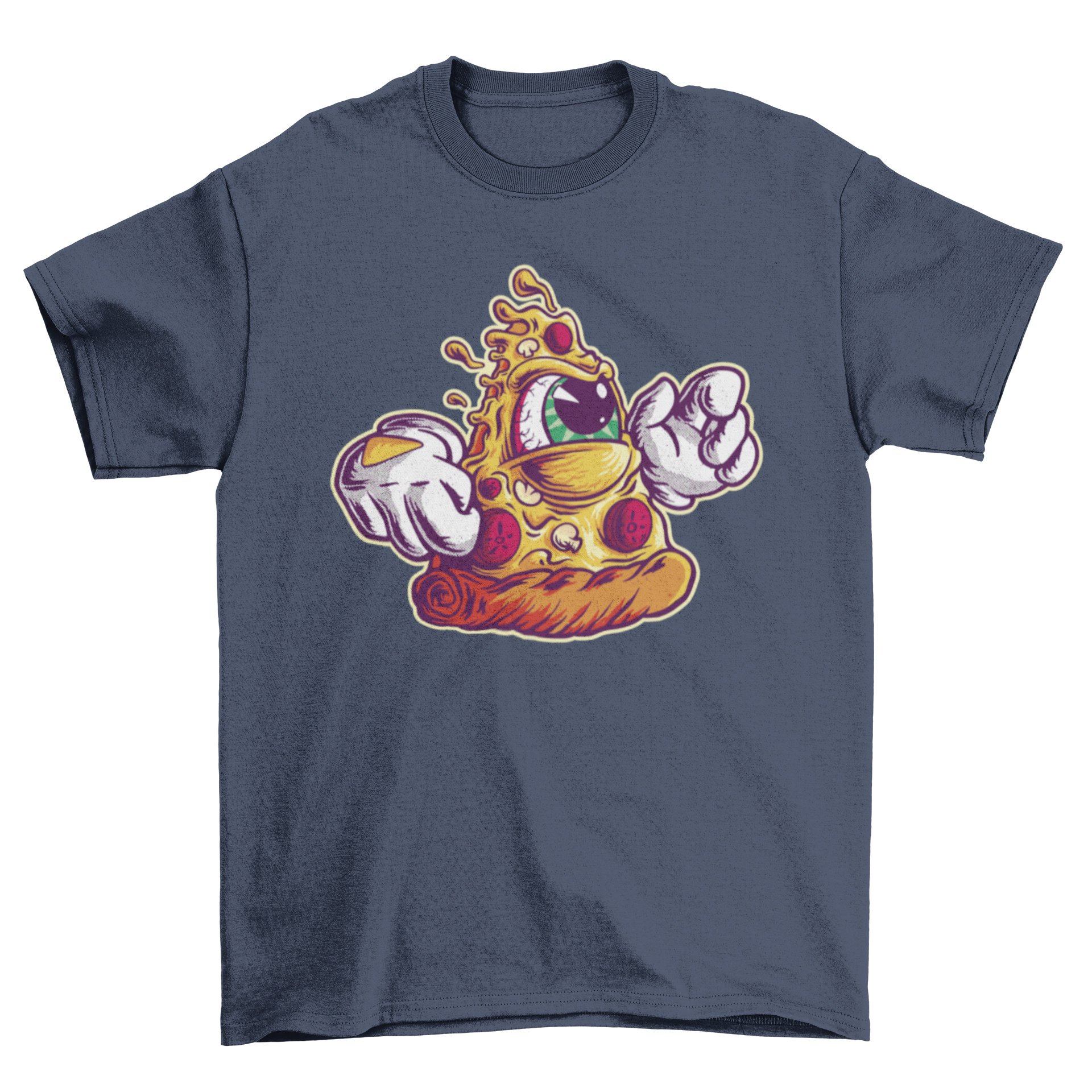 A colorful t-shirt featuring a trippy pizza slice monster design, perfect for pizza lovers.