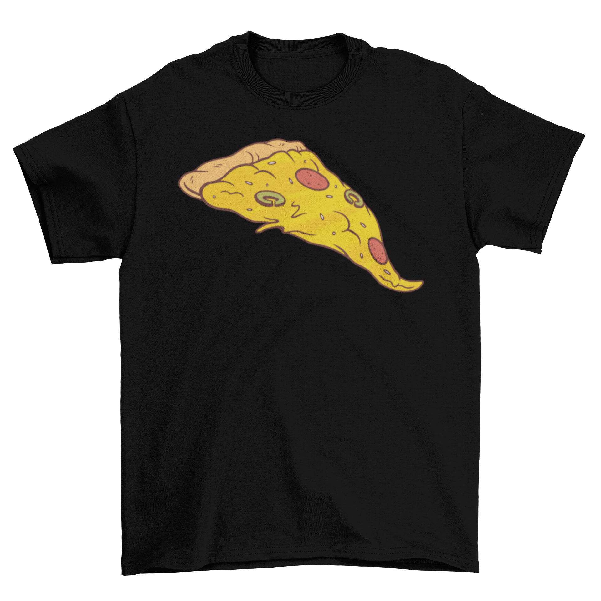 A stylish T-shirt featuring a colorful illustration of a pizza slice, perfect for pizza lovers.