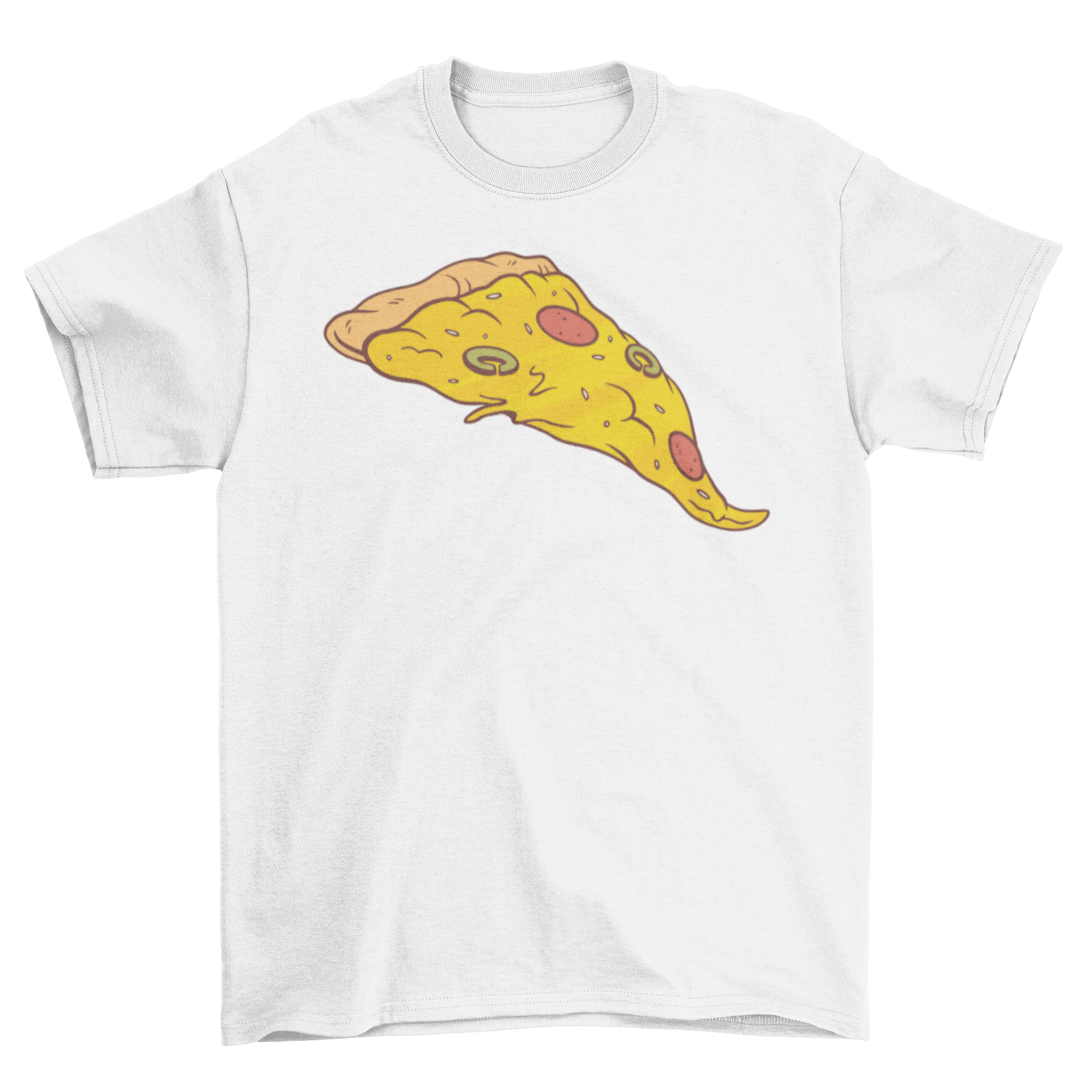 A stylish T-shirt featuring a colorful illustration of a pizza slice, perfect for pizza lovers.