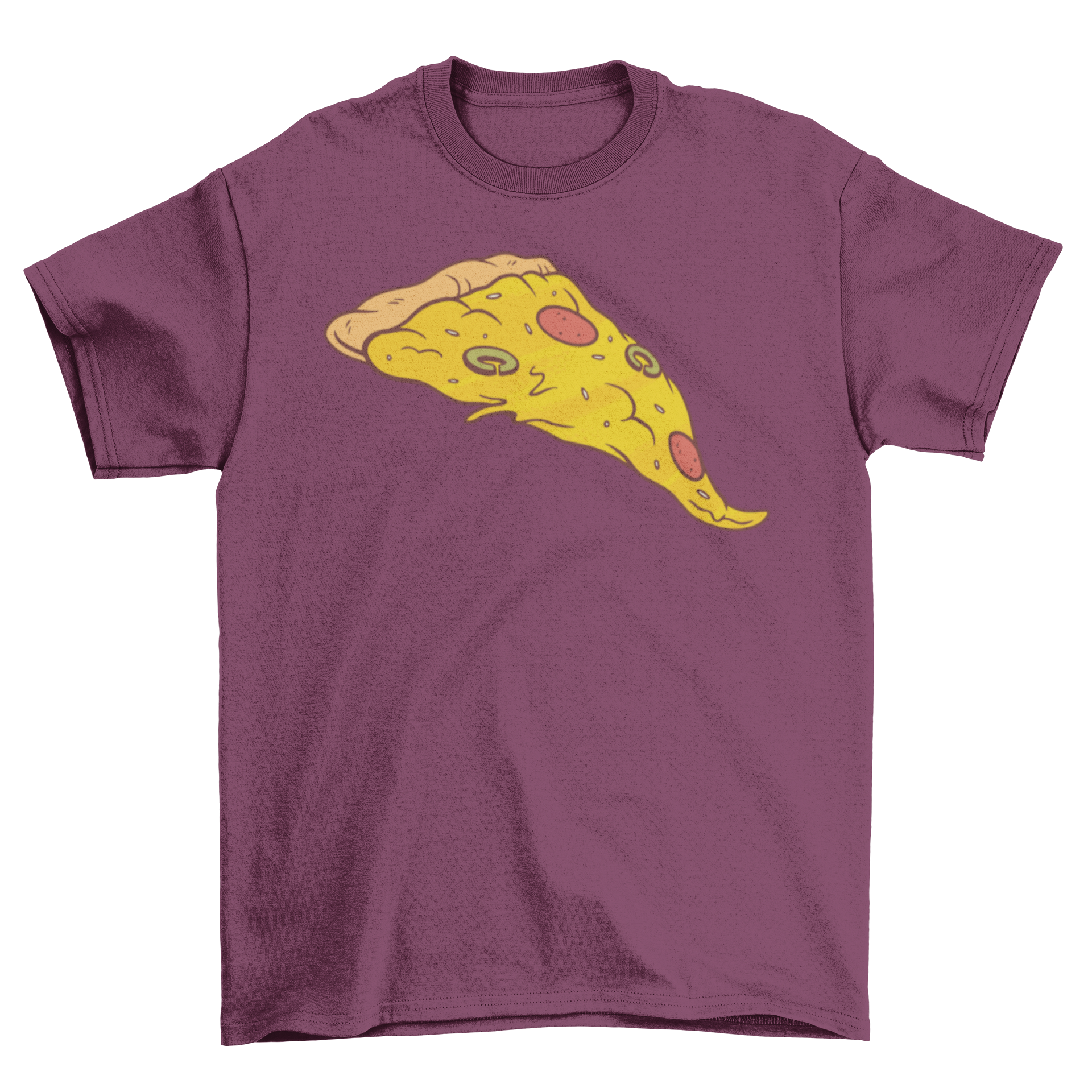 A stylish T-shirt featuring a colorful illustration of a pizza slice, perfect for pizza lovers.