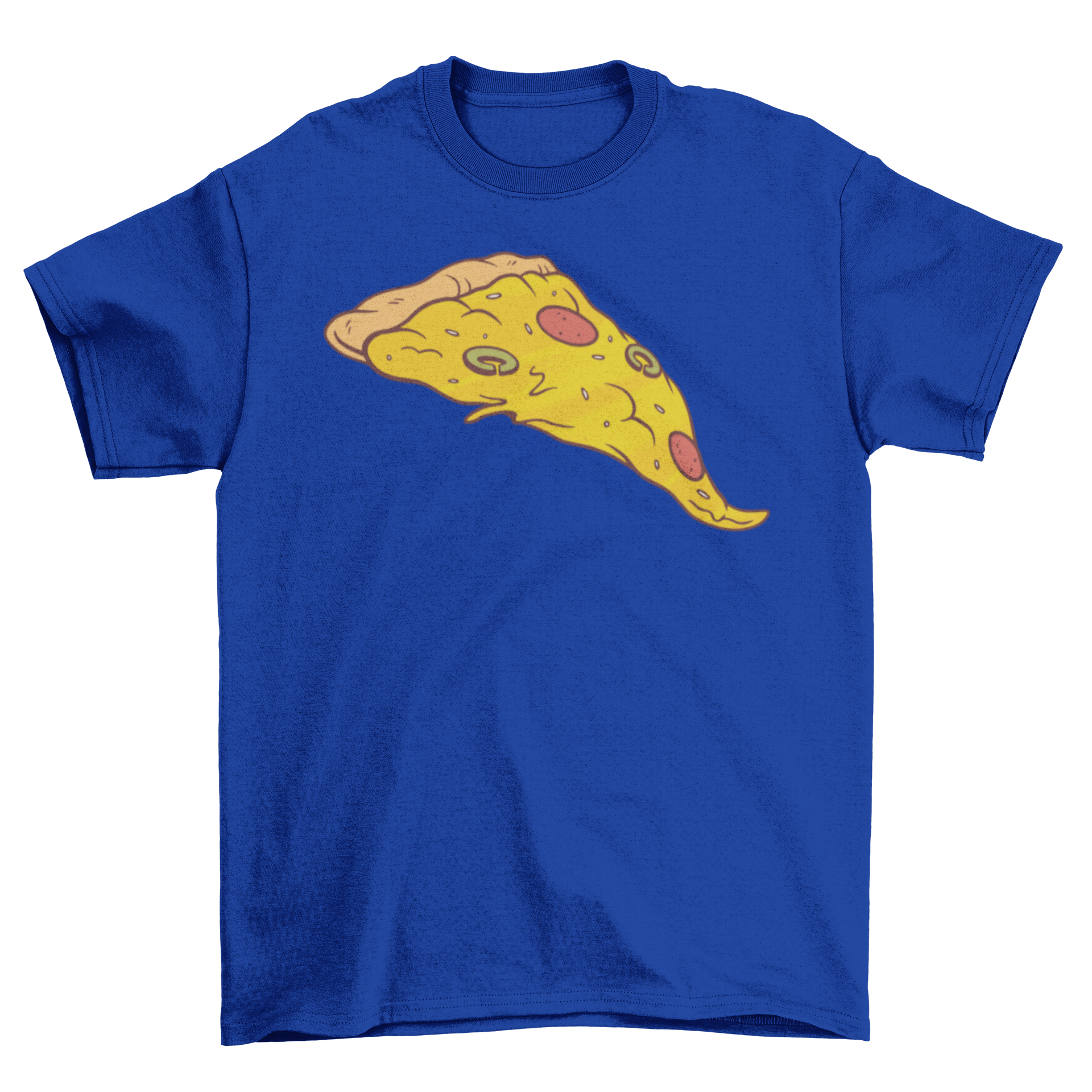 A stylish T-shirt featuring a colorful illustration of a pizza slice, perfect for pizza lovers.