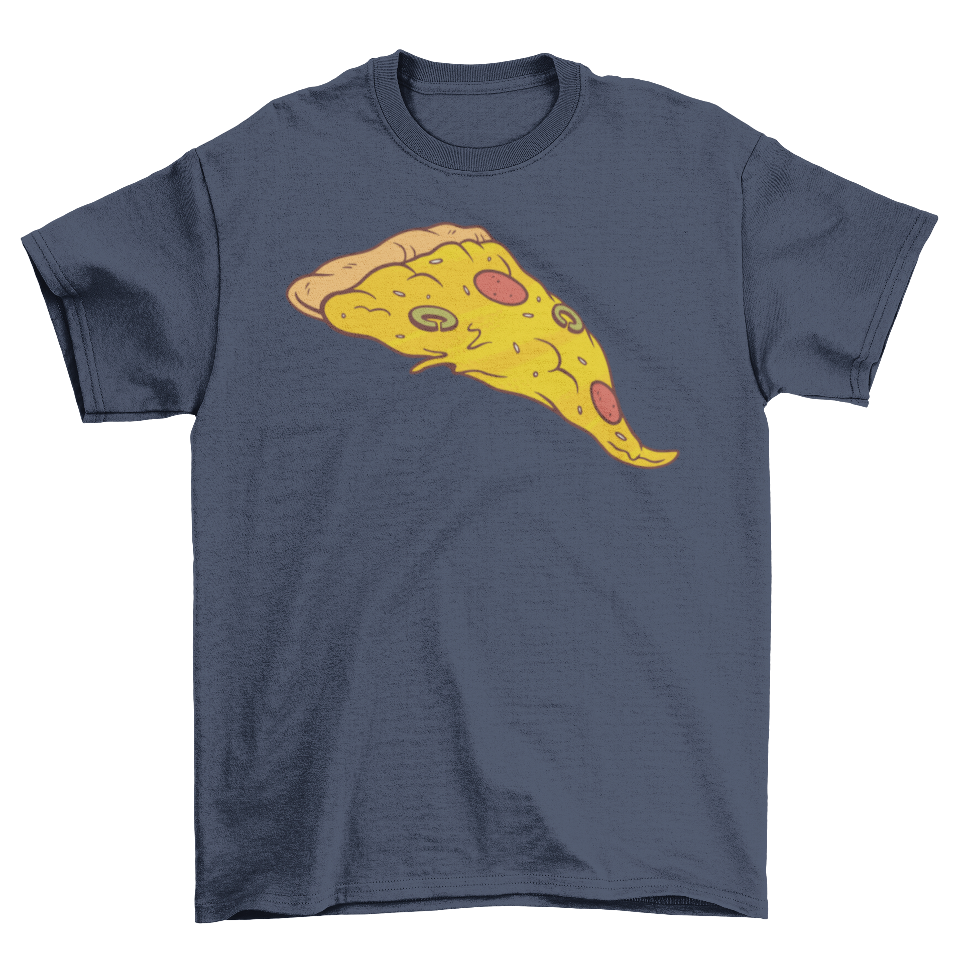 A stylish T-shirt featuring a colorful illustration of a pizza slice, perfect for pizza lovers.