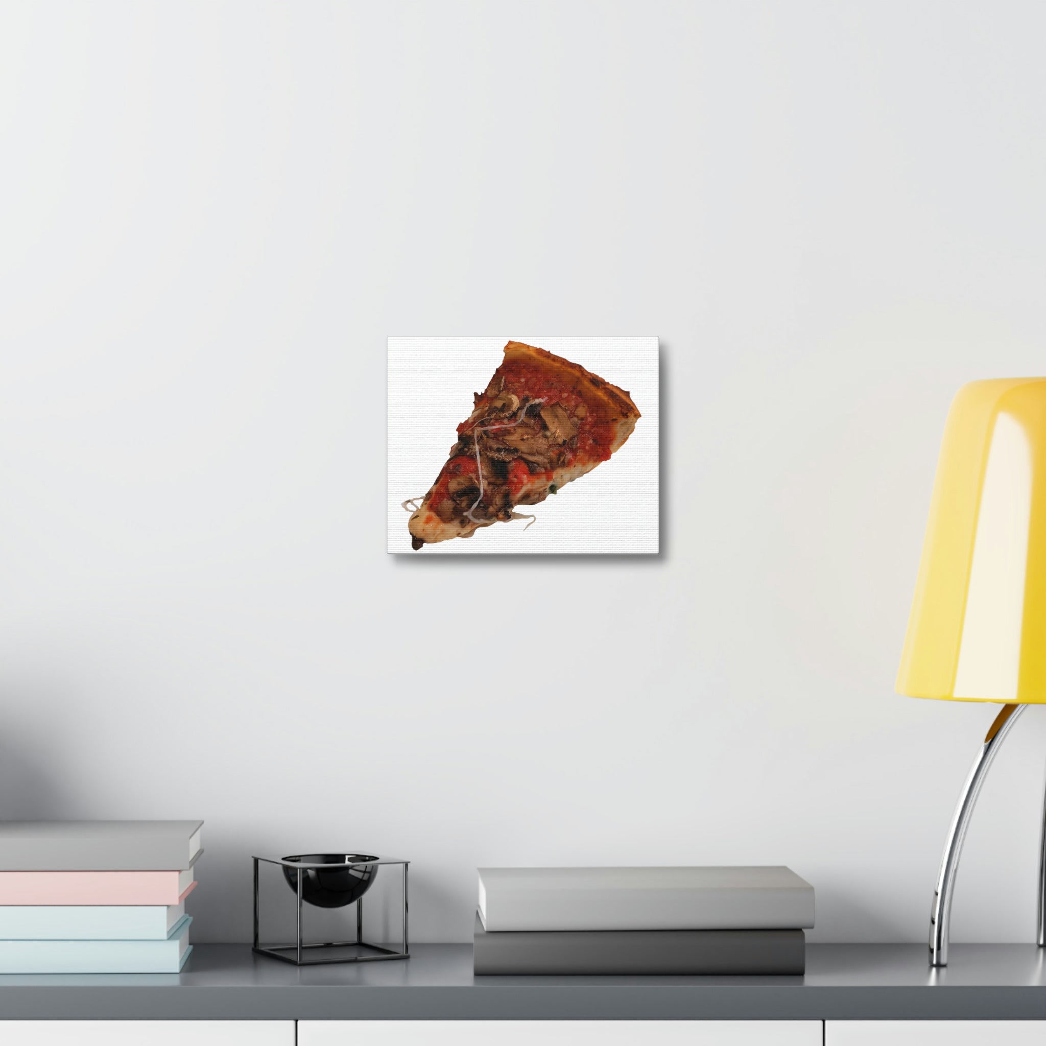 A vibrant Pizza Stretched Canvas artwork featuring a delicious pizza design, elegantly stretched over a sturdy wooden frame, perfect for indoor decoration.