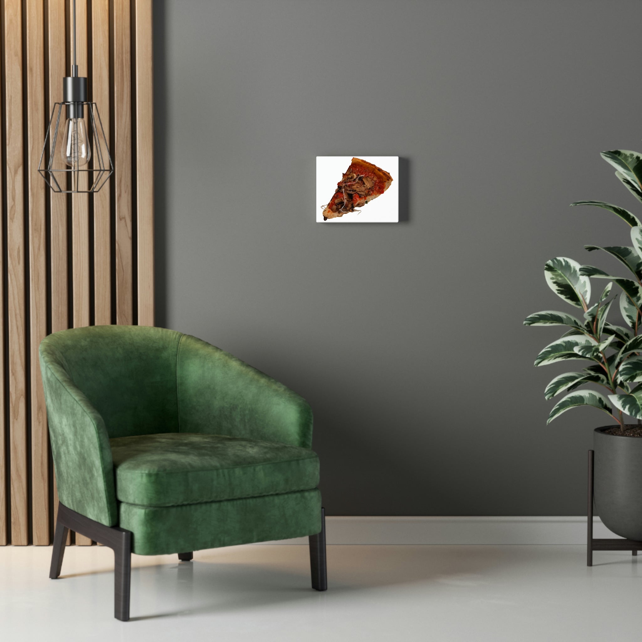 A vibrant Pizza Stretched Canvas artwork featuring a delicious pizza design, elegantly stretched over a sturdy wooden frame, perfect for indoor decoration.