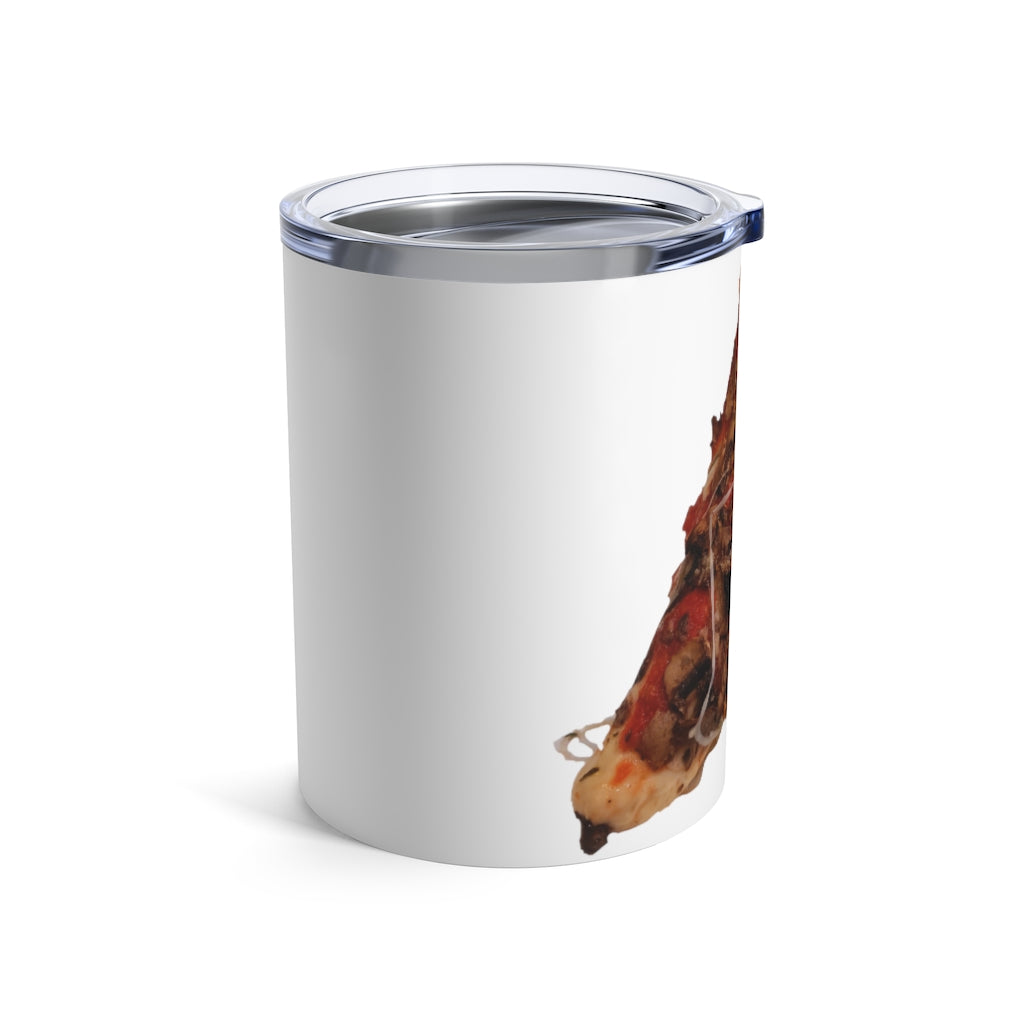 A stylish 10oz stainless steel tumbler with a pizza design and a see-thru plastic lid, perfect for beverages on the go.