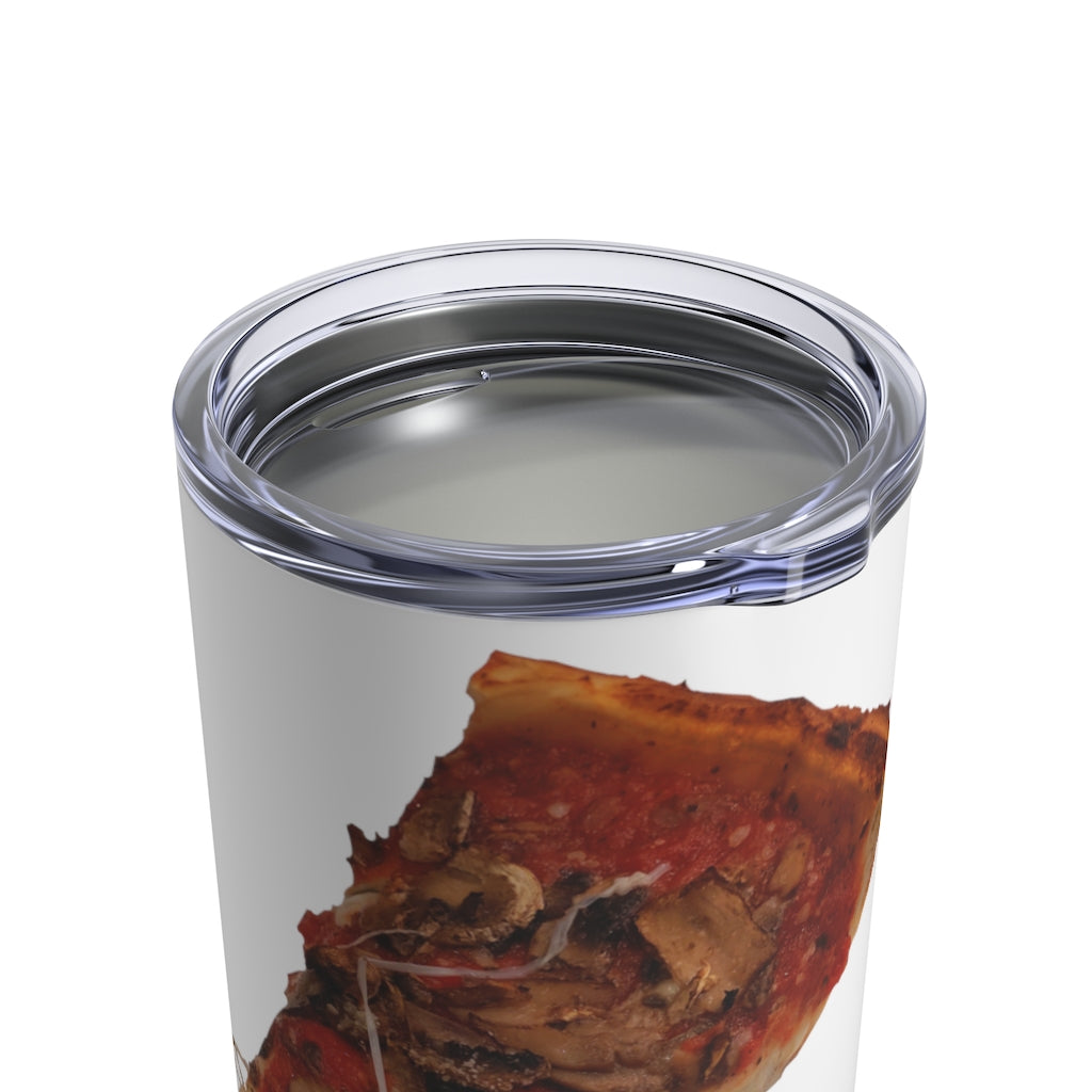 A stylish 10oz stainless steel tumbler with a pizza design and a see-thru plastic lid, perfect for beverages on the go.