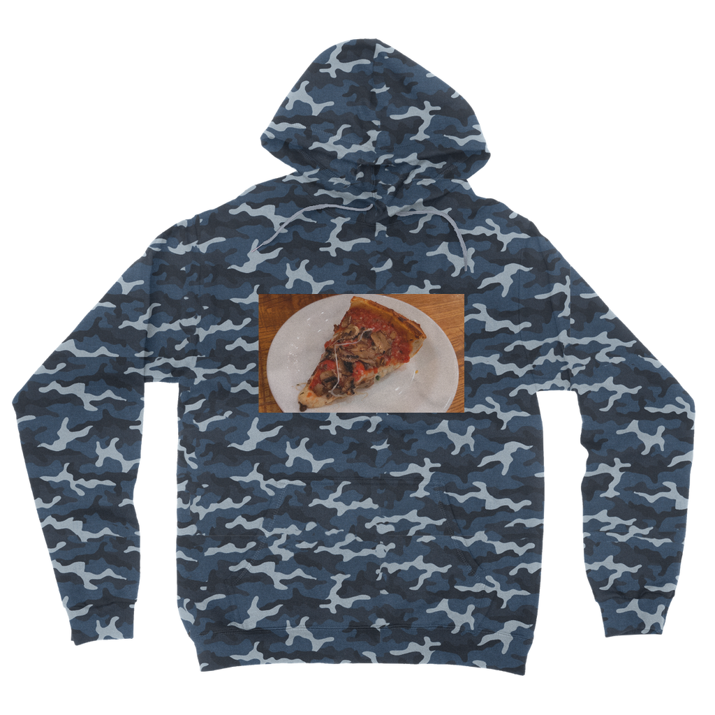 PizzaonPlate Camouflage Adult Hoodie featuring an all-over camo design, kangaroo pouch pocket, and double fabric hood.