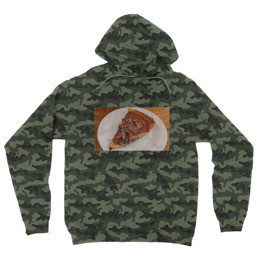 PizzaonPlate Camouflage Adult Hoodie featuring an all-over camo design, kangaroo pouch pocket, and double fabric hood.