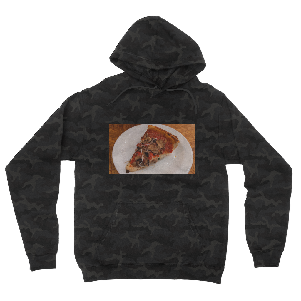 PizzaonPlate Camouflage Adult Hoodie featuring an all-over camo design, kangaroo pouch pocket, and double fabric hood.