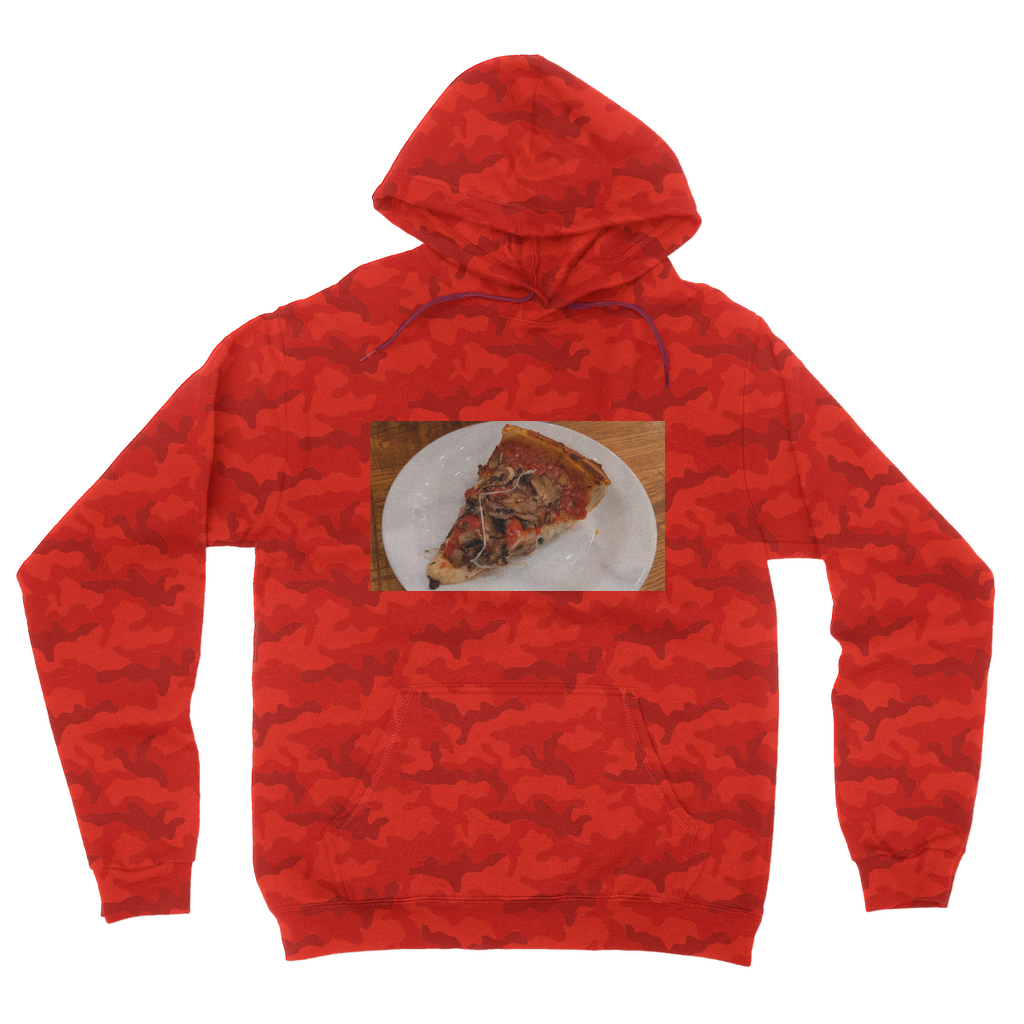 PizzaonPlate Camouflage Adult Hoodie featuring an all-over camo design, kangaroo pouch pocket, and double fabric hood.