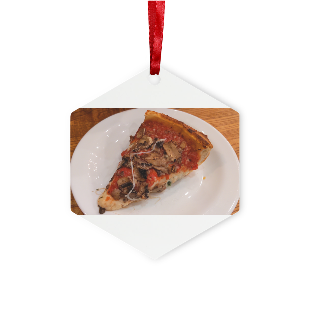 PizzaonPlate Metal Hanging Ornament in hexagon and star shapes, featuring a gloss white finish and red ribbon for hanging.