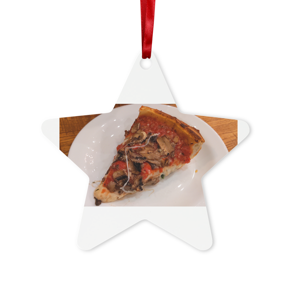 PizzaonPlate Metal Hanging Ornament in hexagon and star shapes, featuring a gloss white finish and red ribbon for hanging.