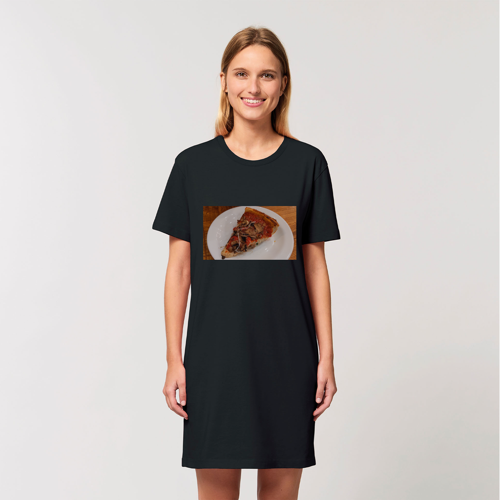 PizzaonPlate Organic T-Shirt Dress made from 100% organic cotton, featuring a soft-hand feel and stylish design, available in various sizes.