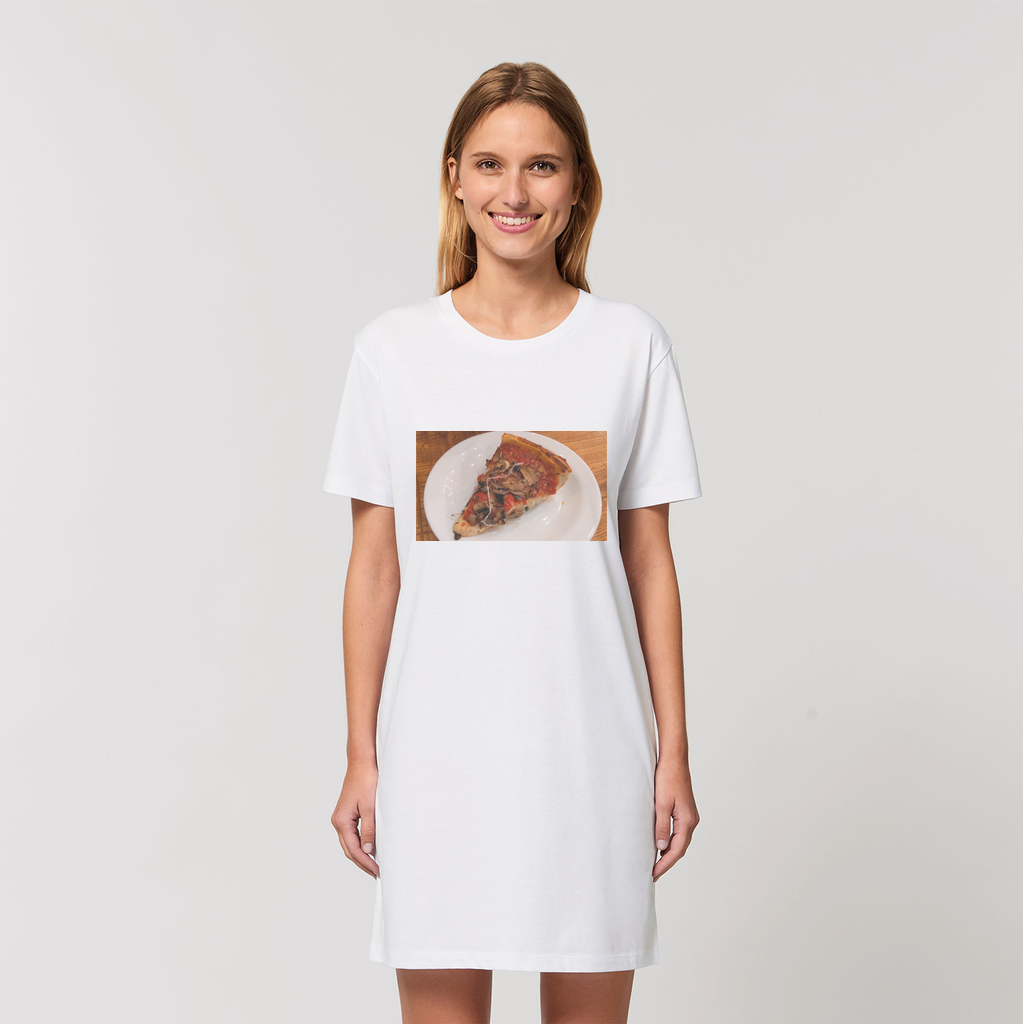 PizzaonPlate Organic T-Shirt Dress made from 100% organic cotton, featuring a soft-hand feel and stylish design, available in various sizes.