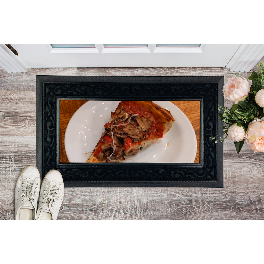 PizzaonPlate Sublimation Heavy Duty Door Mat with a stylish fabric brush border and removable printable center.