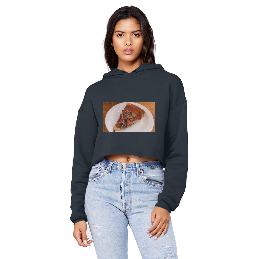 PizzaonPlate Unisex Cropped Raw Edge Boyfriend Hoodie in various colors, showcasing its raw edge cut and soft fabric.