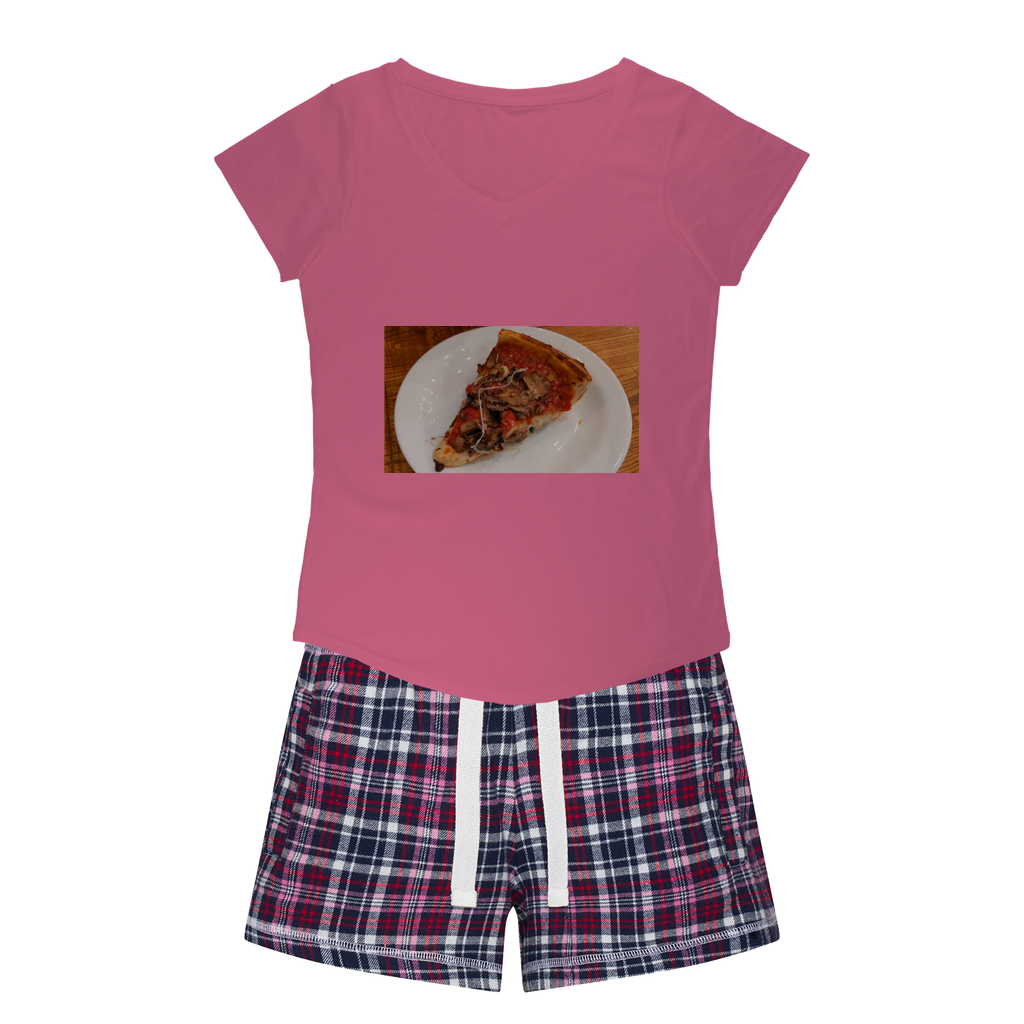 PizzaonPlate Women's Sleepy Tee and Flannel Short set featuring a relaxed fit T-shirt and vibrant flannel shorts, perfect for cozy nights.