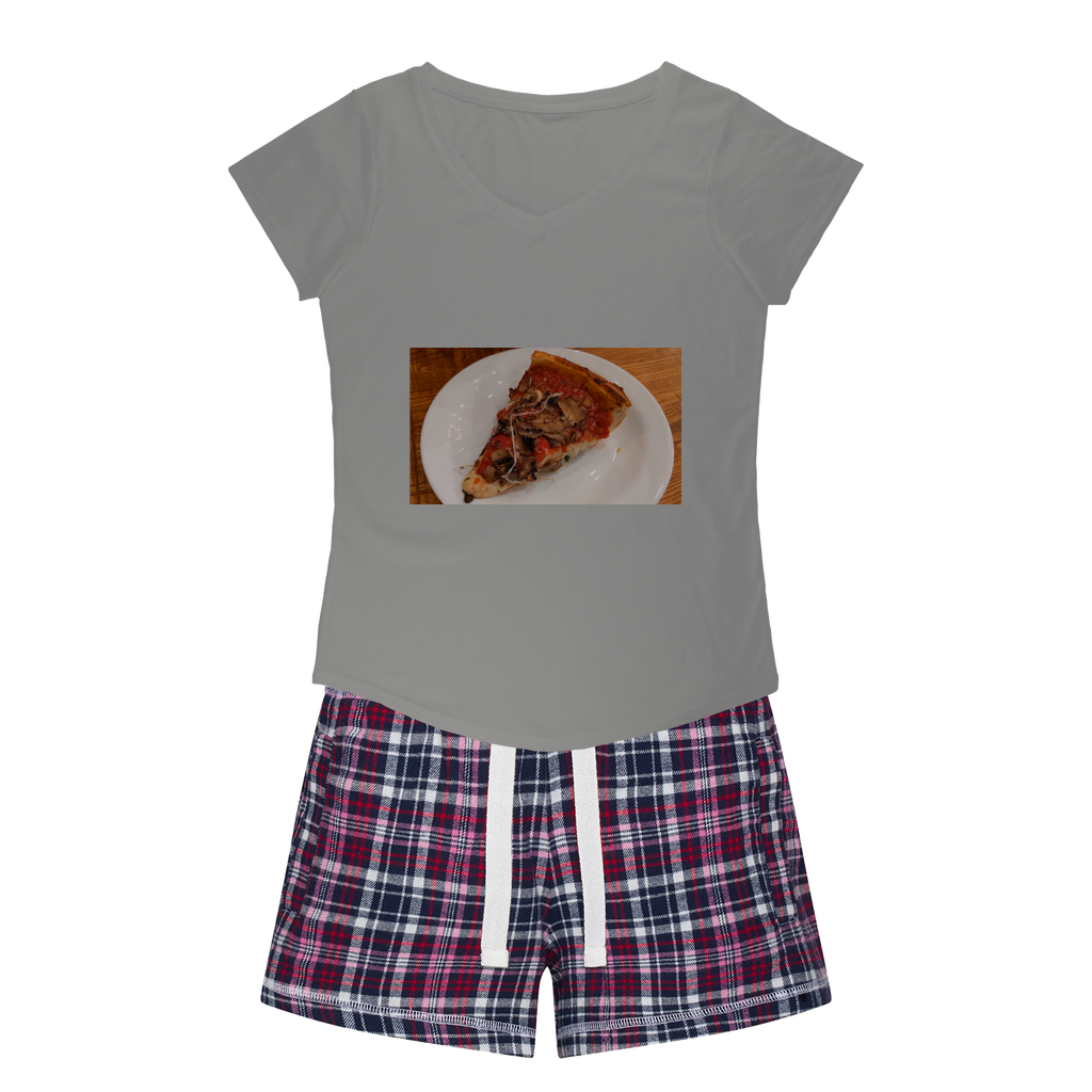 PizzaonPlate Women's Sleepy Tee and Flannel Short set featuring a relaxed fit T-shirt and vibrant flannel shorts, perfect for cozy nights.