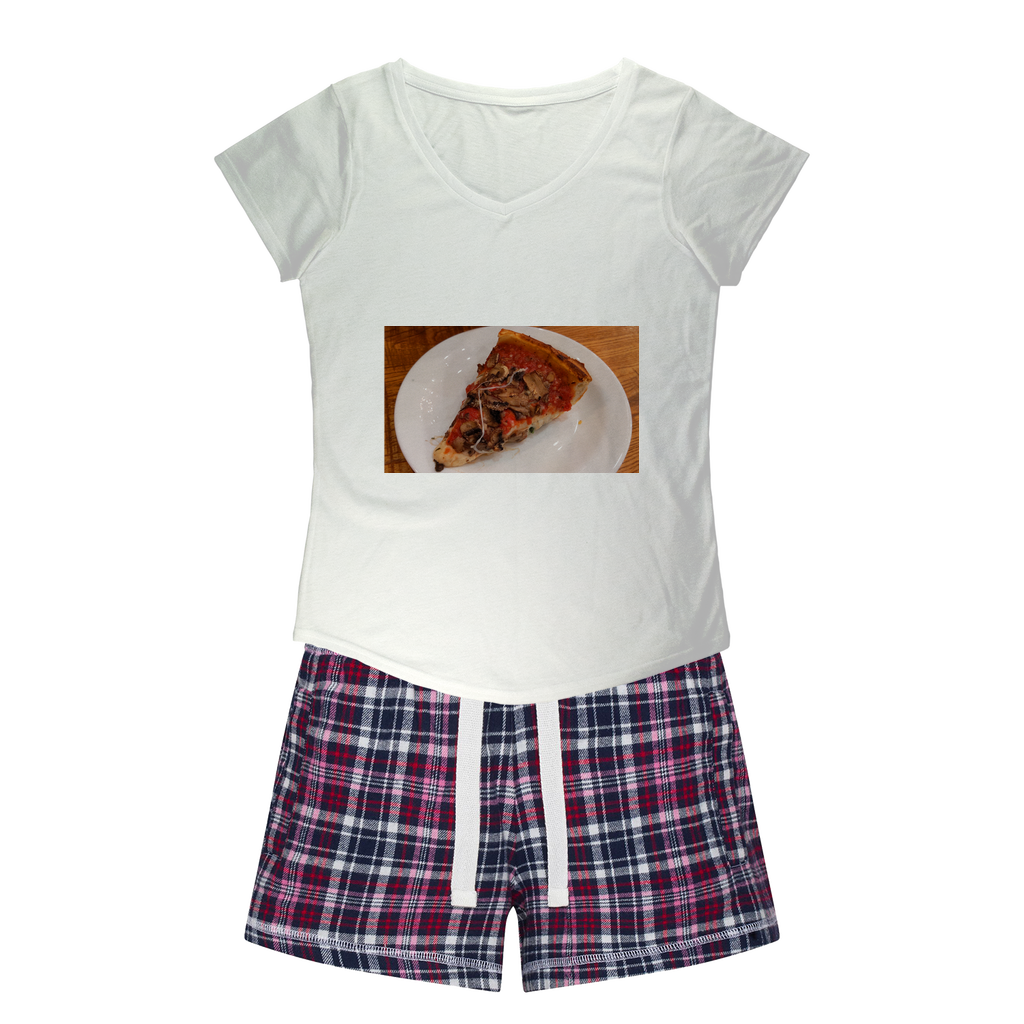 PizzaonPlate Women's Sleepy Tee and Flannel Short set featuring a relaxed fit T-shirt and vibrant flannel shorts, perfect for cozy nights.