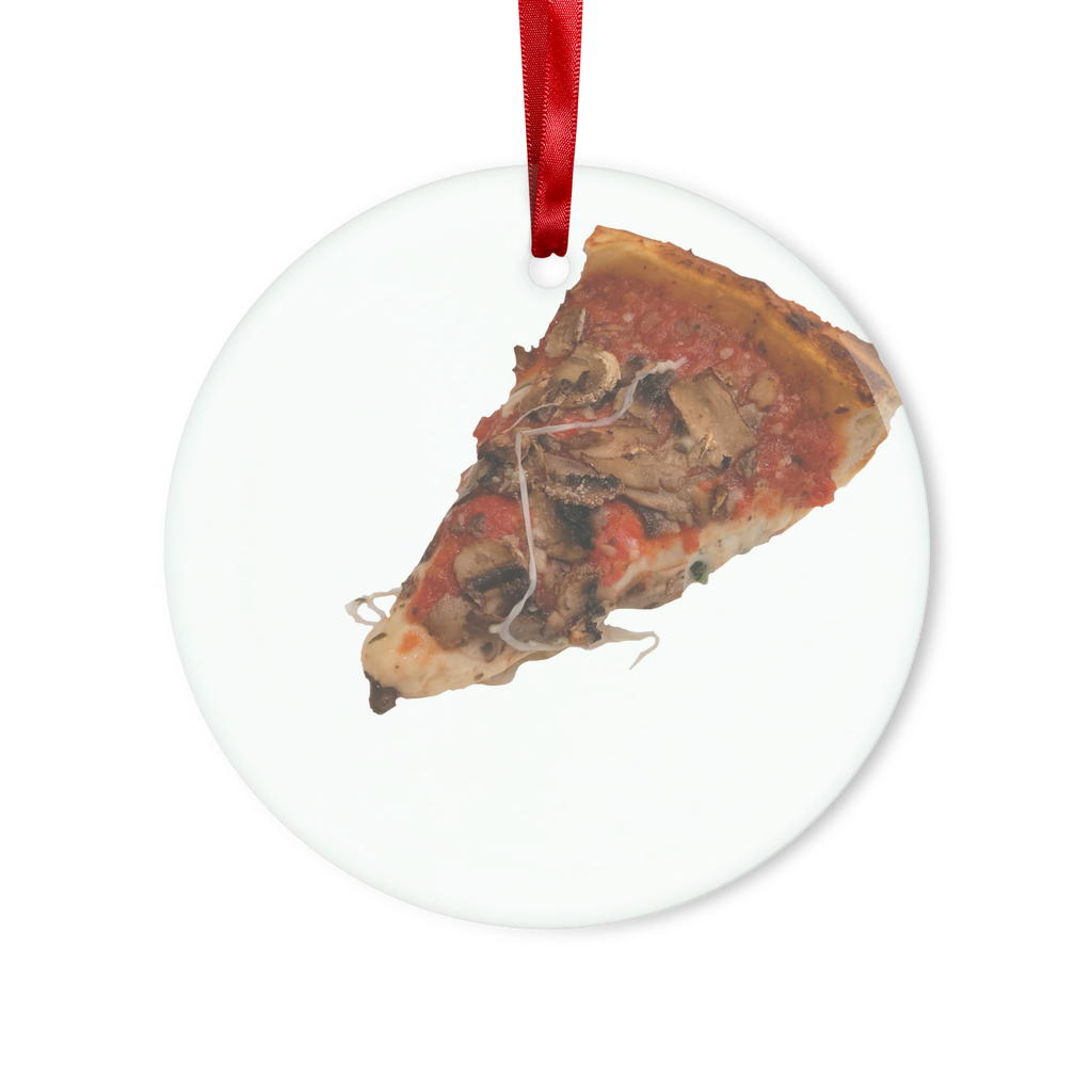 PizzaShirt Glass Hanging Ornament in round and heart shapes, featuring a red ribbon and gold string, beautifully packaged in a white box.