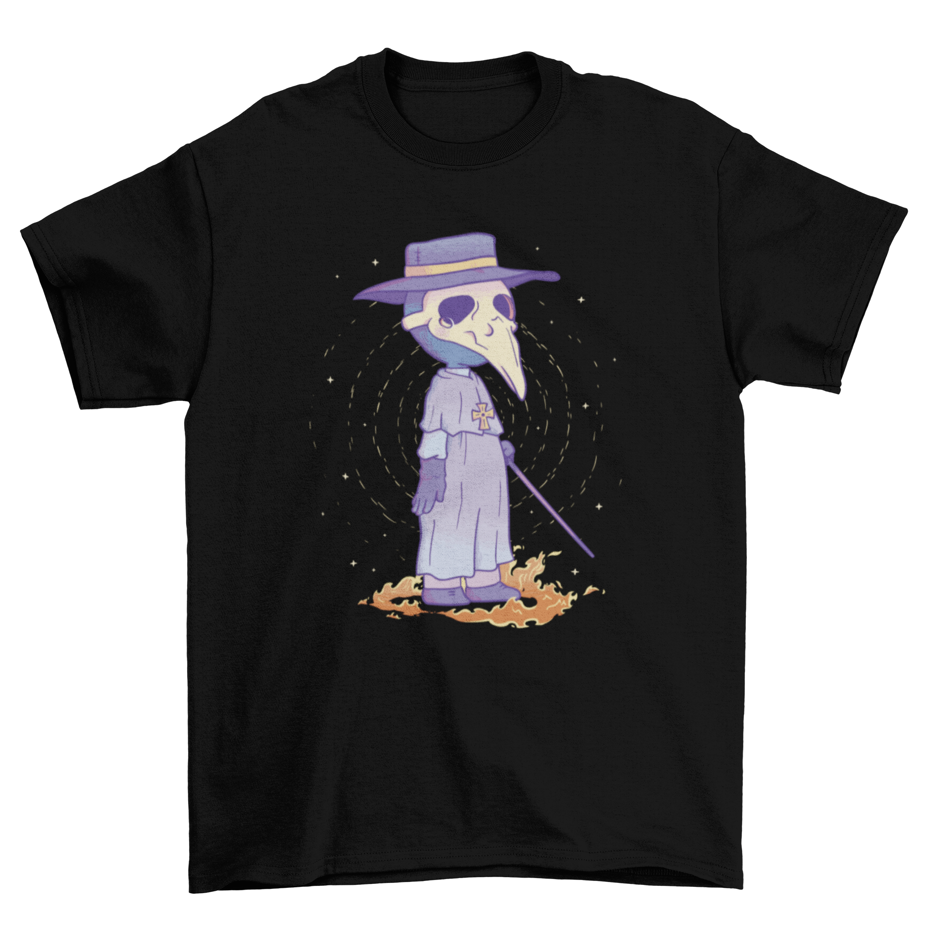 Kawaii t-shirt design featuring a cute plague doctor with a bird skull mask, showcasing vibrant colors and playful style.