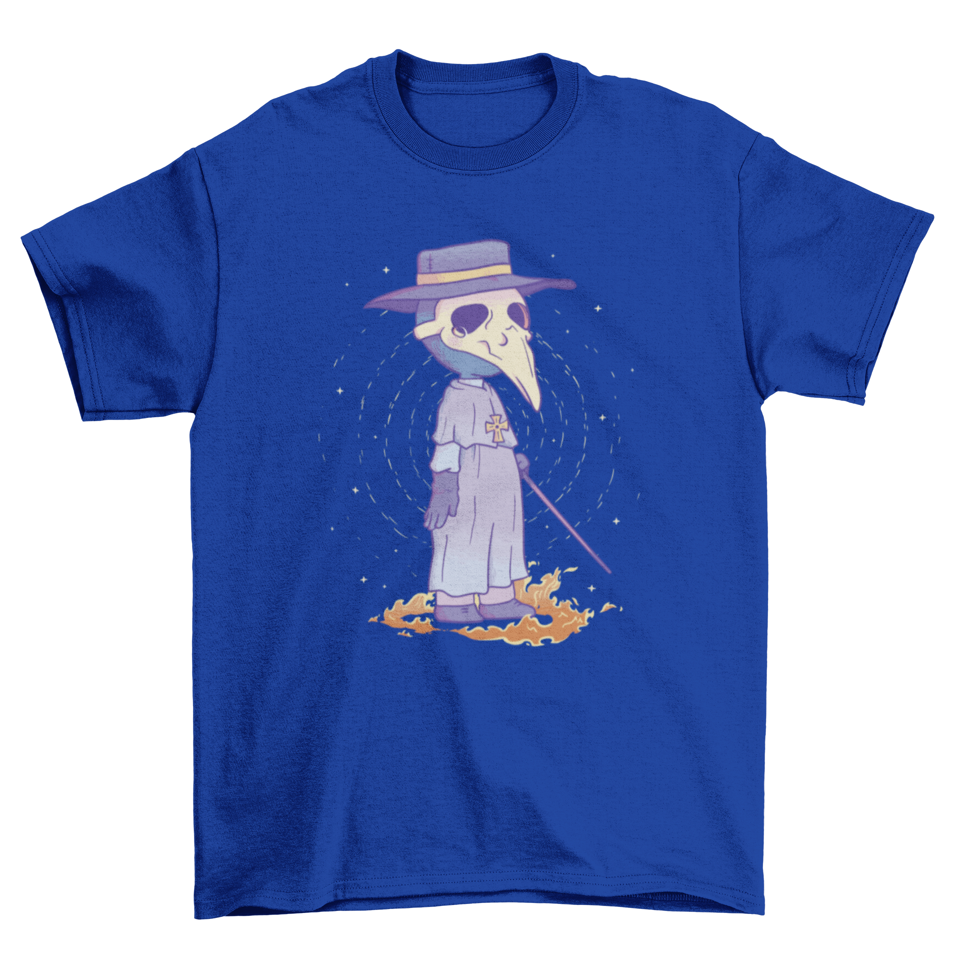 Kawaii t-shirt design featuring a cute plague doctor with a bird skull mask, showcasing vibrant colors and playful style.