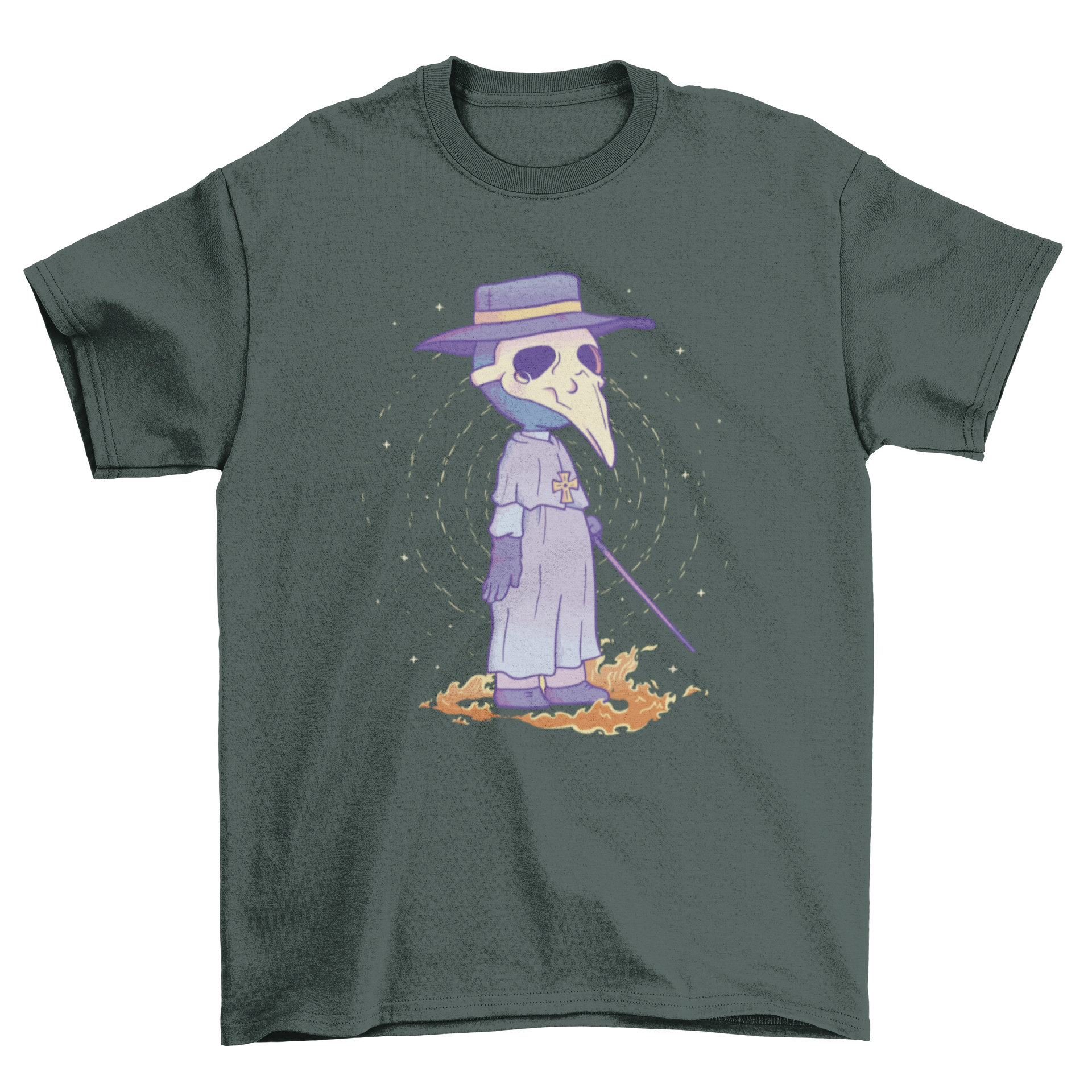 Kawaii t-shirt design featuring a cute plague doctor with a bird skull mask, showcasing vibrant colors and playful style.