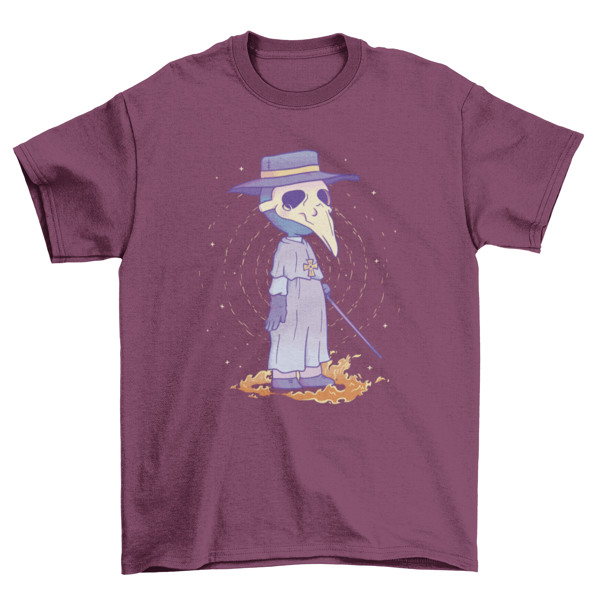 Kawaii t-shirt design featuring a cute plague doctor with a bird skull mask, showcasing vibrant colors and playful style.