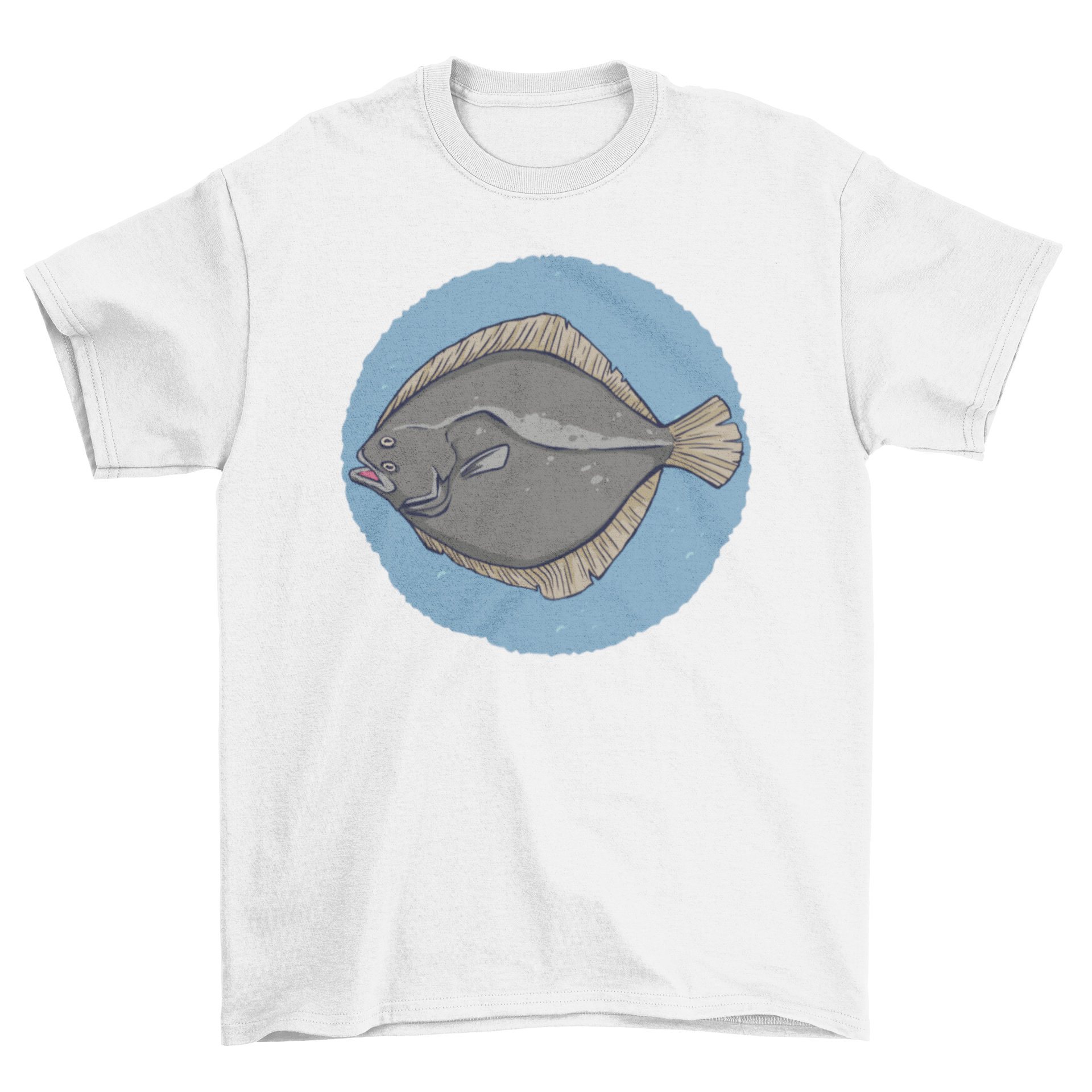 A stylish T-shirt featuring a detailed illustration of a plaice fish, showcasing its unique shape and colors.