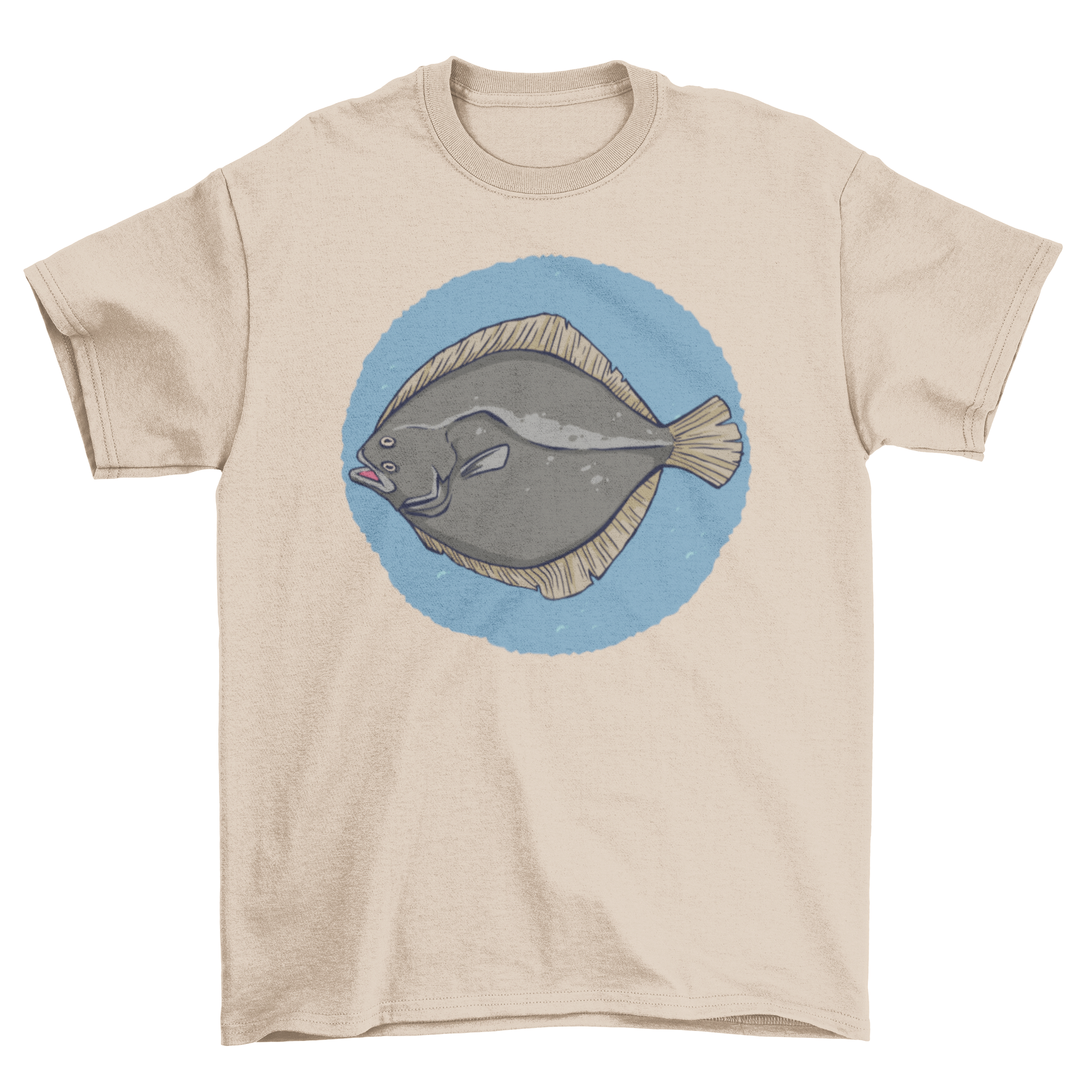 A stylish T-shirt featuring a detailed illustration of a plaice fish, showcasing its unique shape and colors.