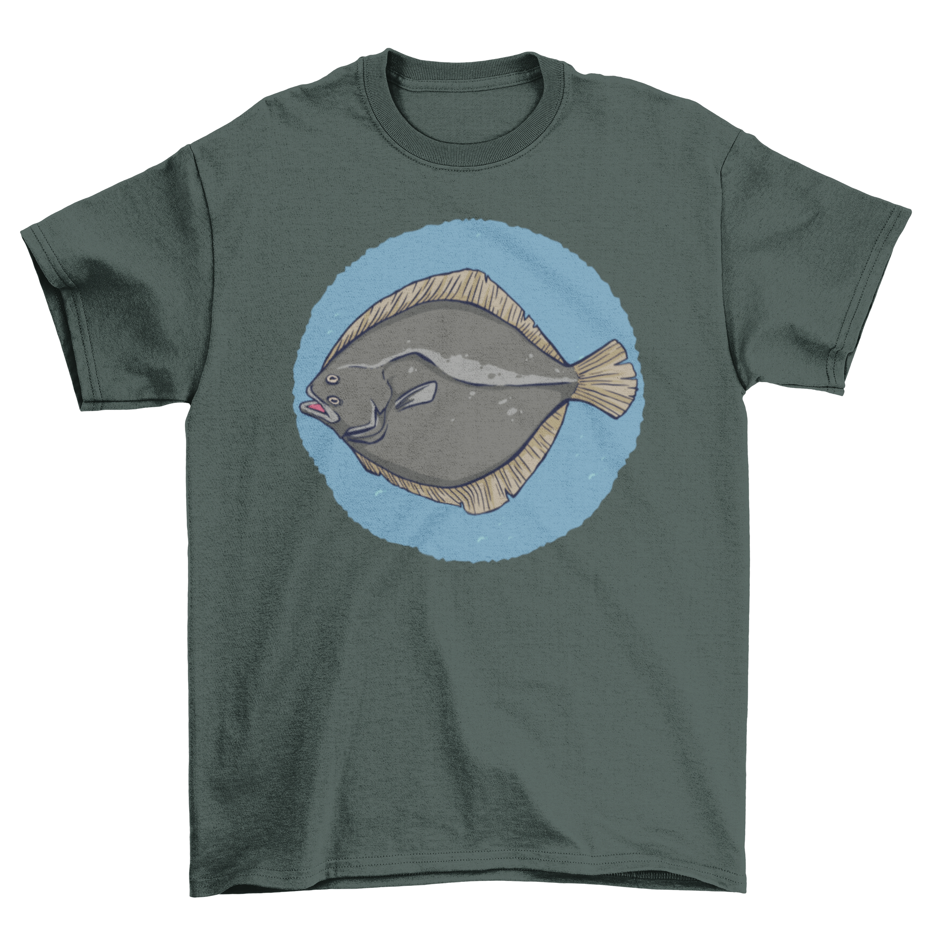 A stylish T-shirt featuring a detailed illustration of a plaice fish, showcasing its unique shape and colors.