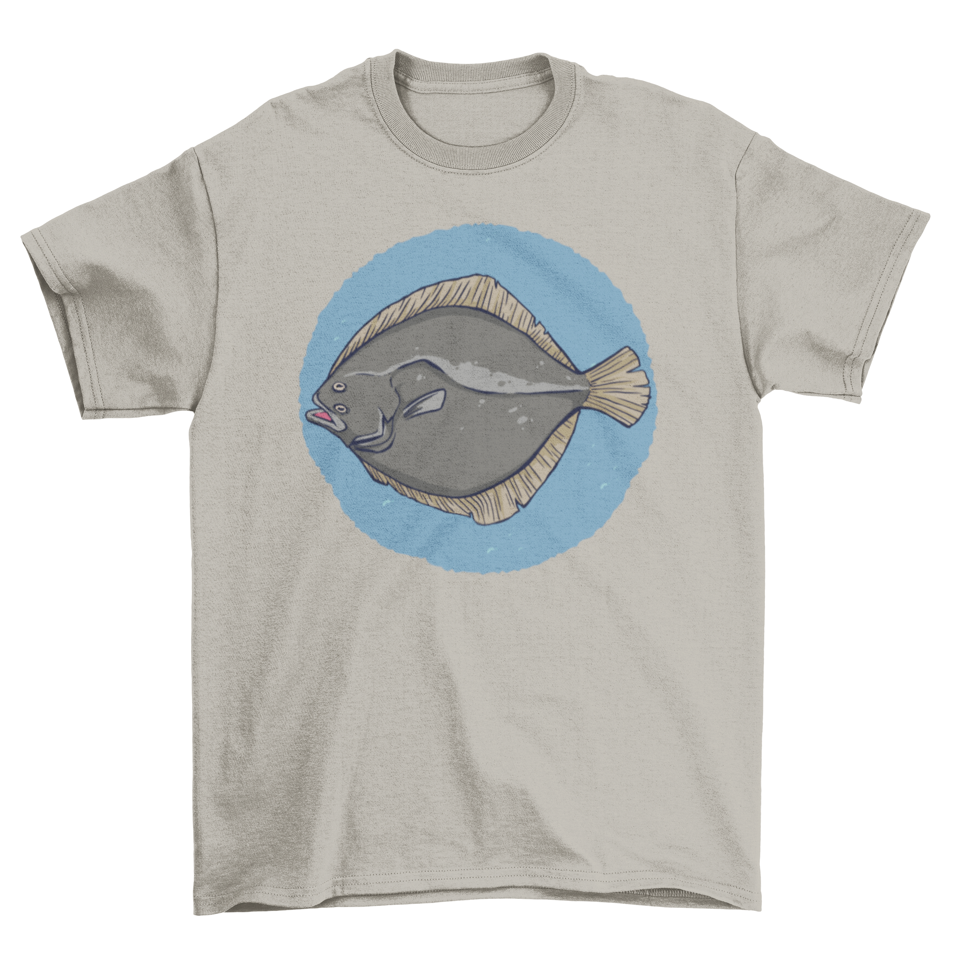 A stylish T-shirt featuring a detailed illustration of a plaice fish, showcasing its unique shape and colors.