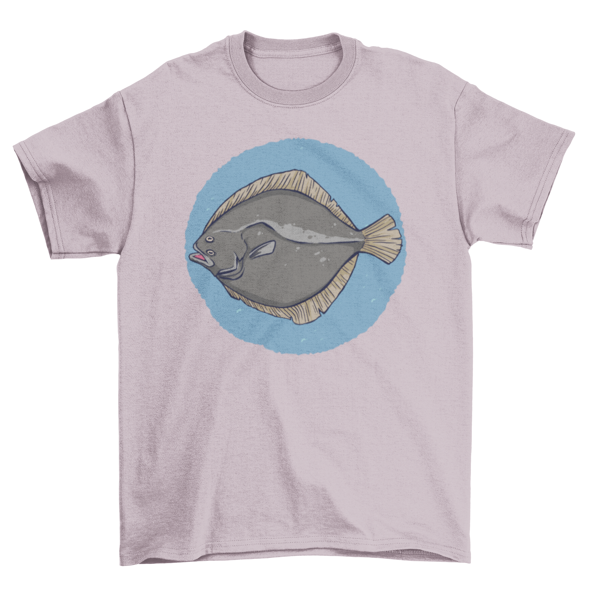 A stylish T-shirt featuring a detailed illustration of a plaice fish, showcasing its unique shape and colors.