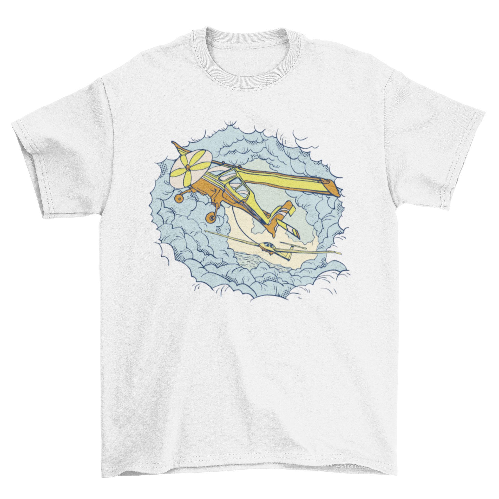 A stylish t-shirt featuring a graphic of an airplane flying in the clouds, perfect for aviation enthusiasts.