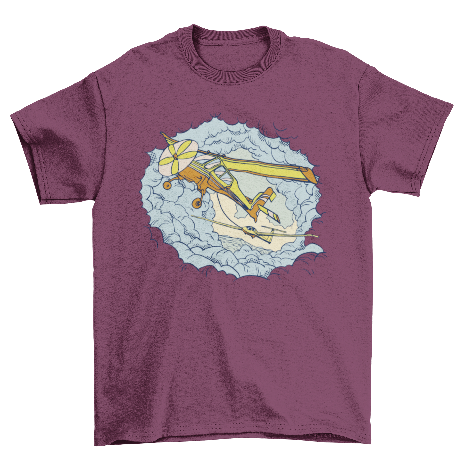 A stylish t-shirt featuring a graphic of an airplane flying in the clouds, perfect for aviation enthusiasts.