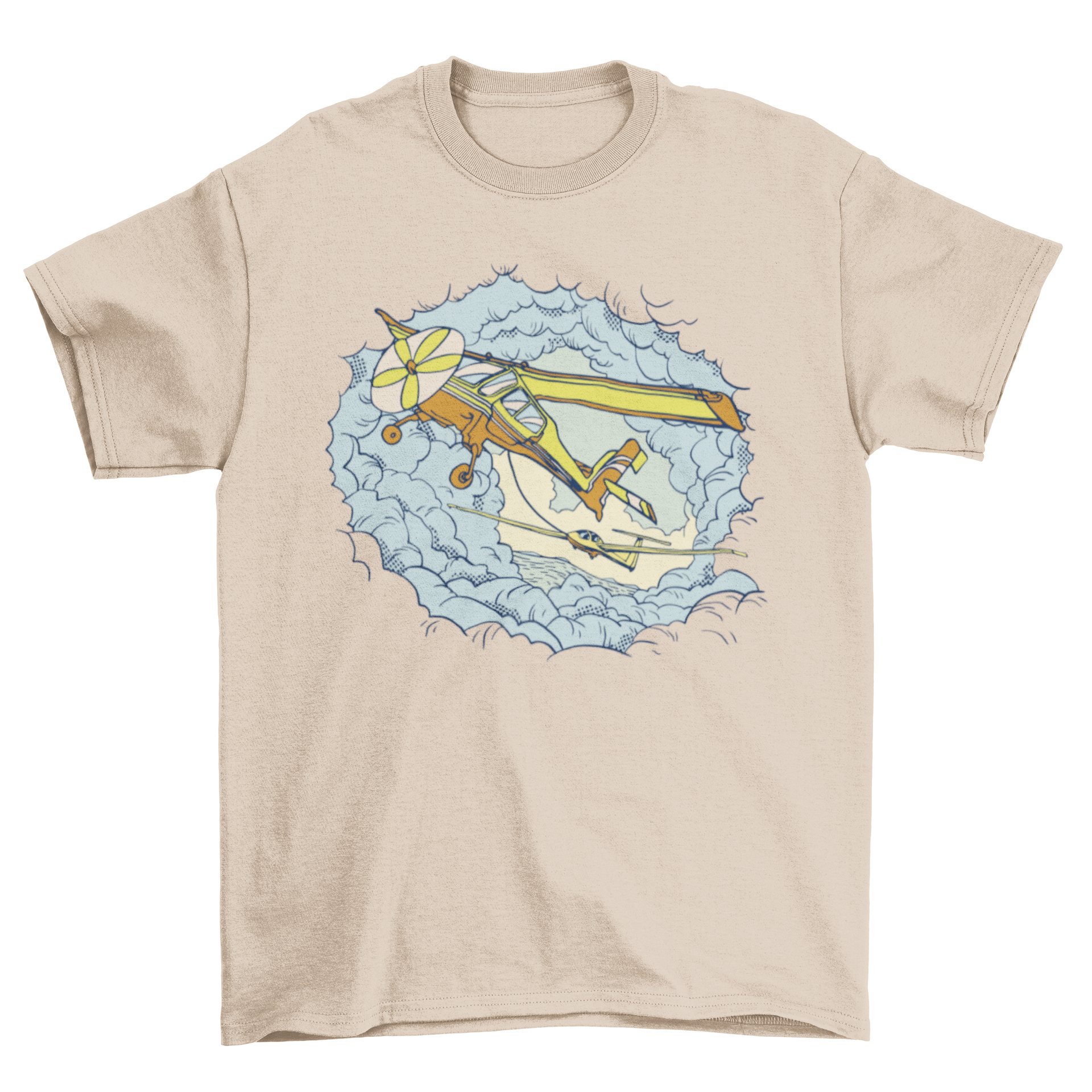 A stylish t-shirt featuring a graphic of an airplane flying in the clouds, perfect for aviation enthusiasts.